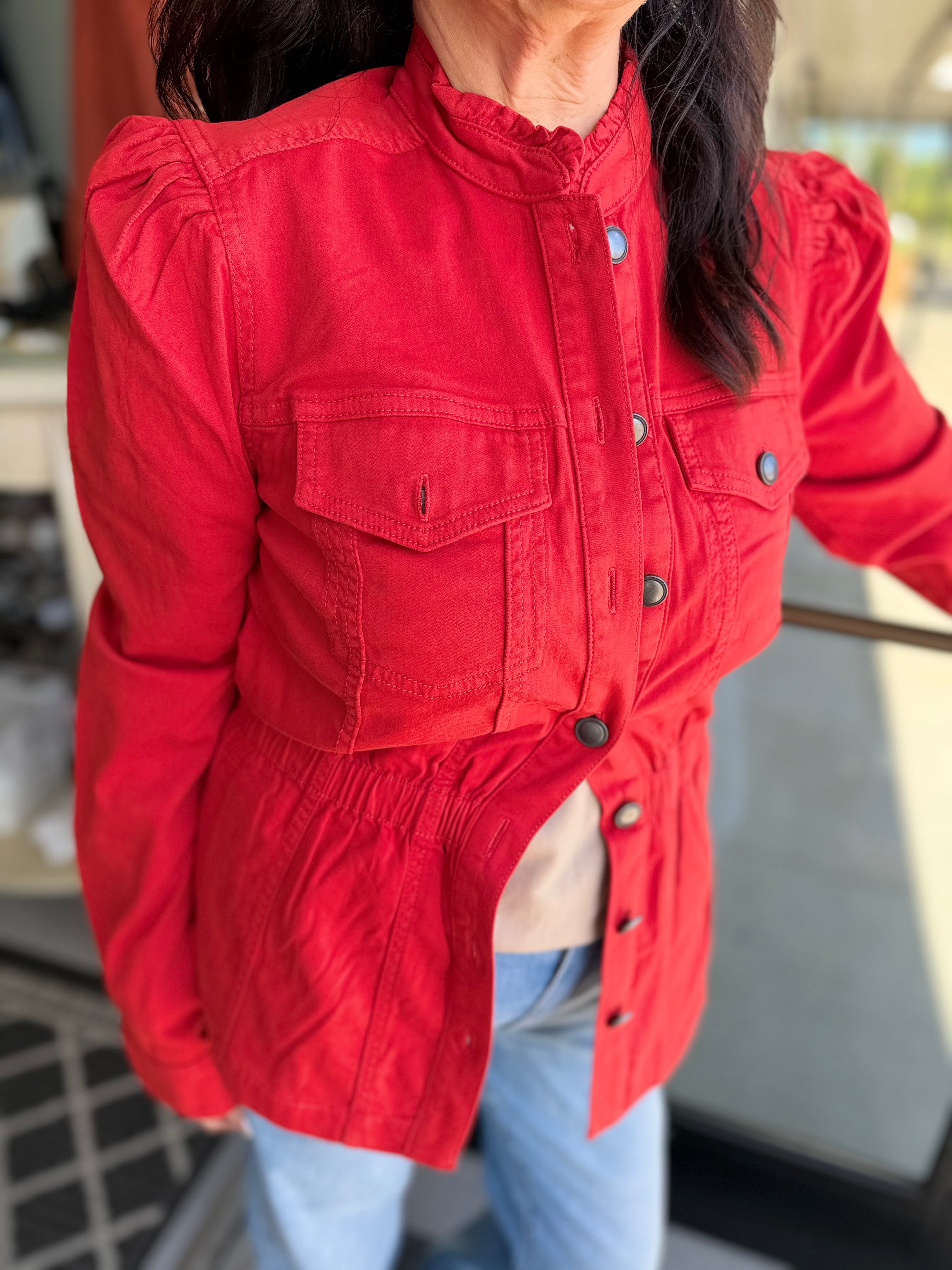 Puff Sleeve Ruffle Collar Trucker Jacket