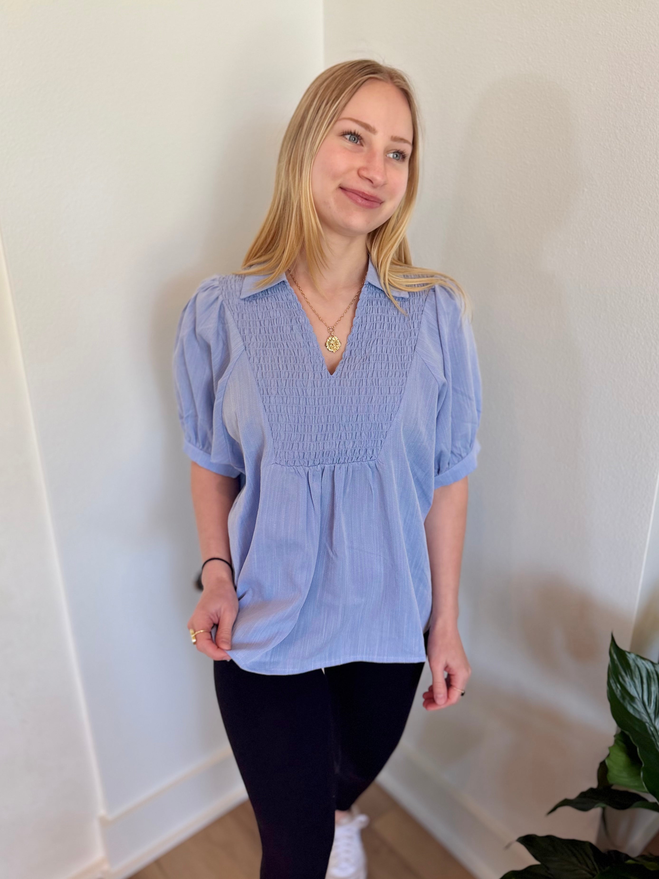 Smocked V-Neck Puff Sleeve Top