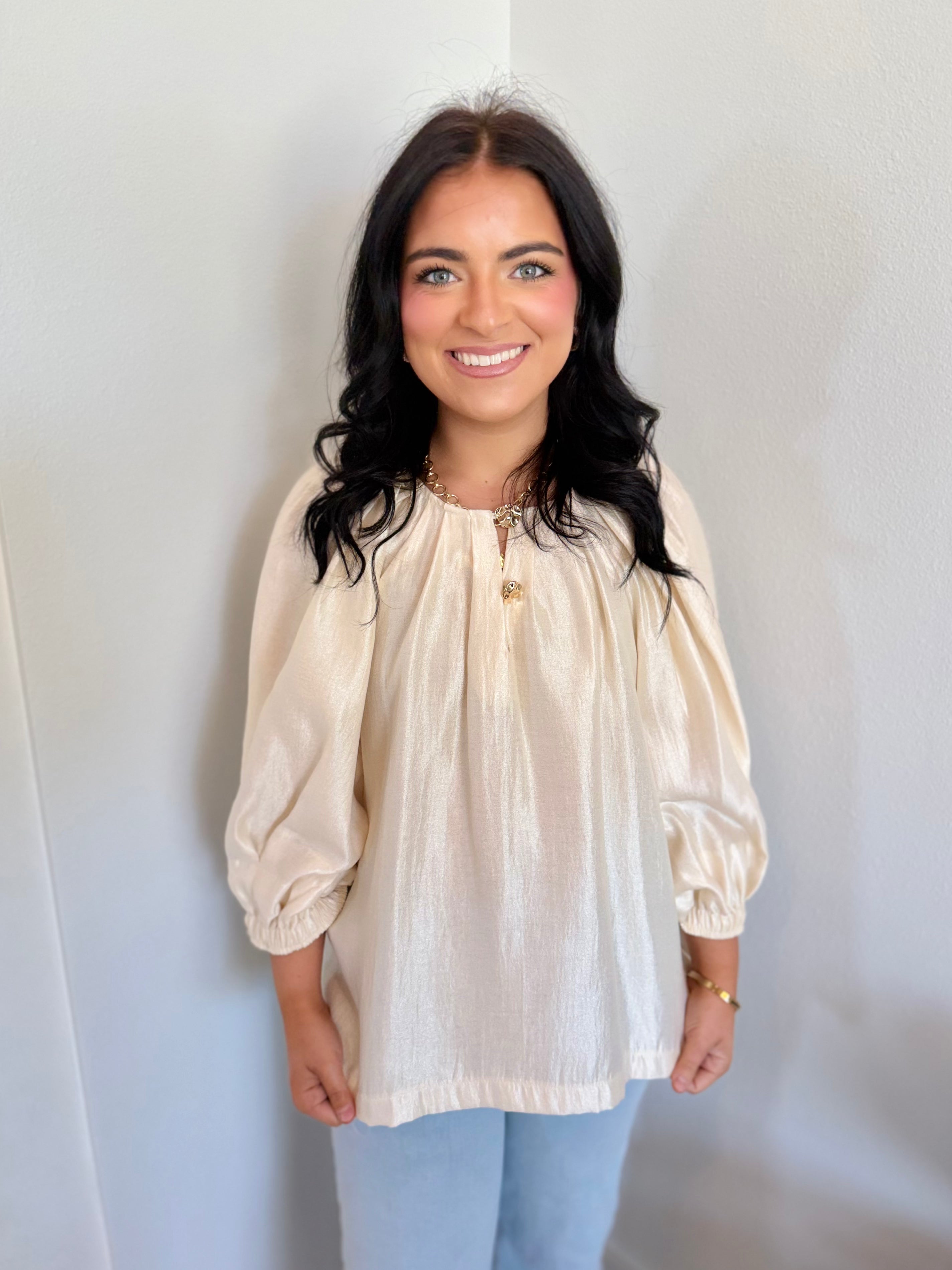 Puff Sleeve Metal Trim Elegant Top!