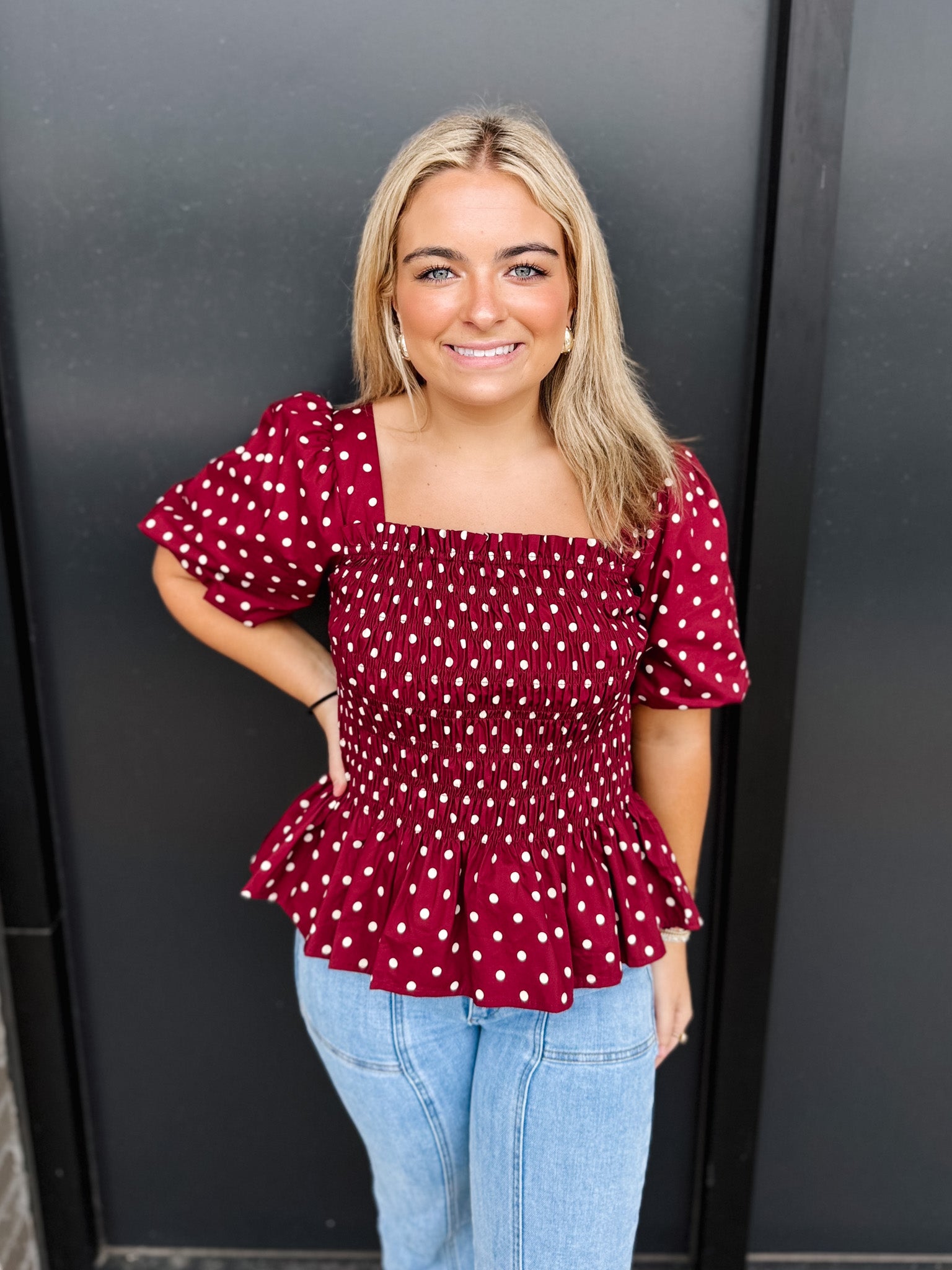 Shelby Polka Dot Smocked Top!