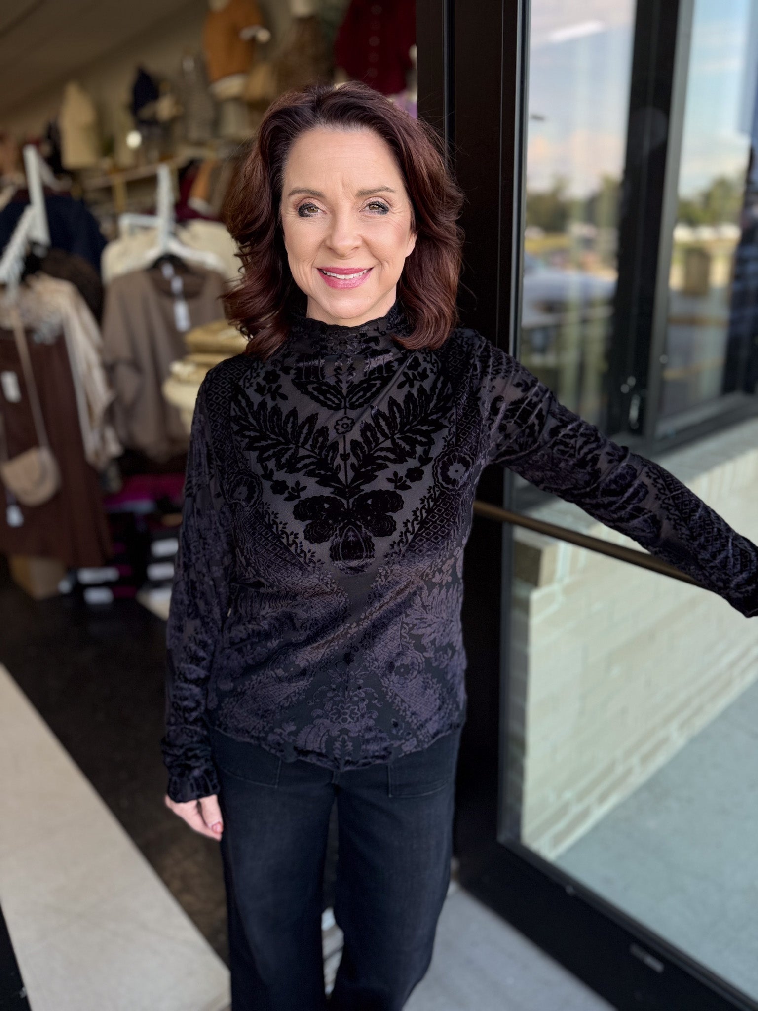 Seraphina Sheer Velvet Burnout Top!