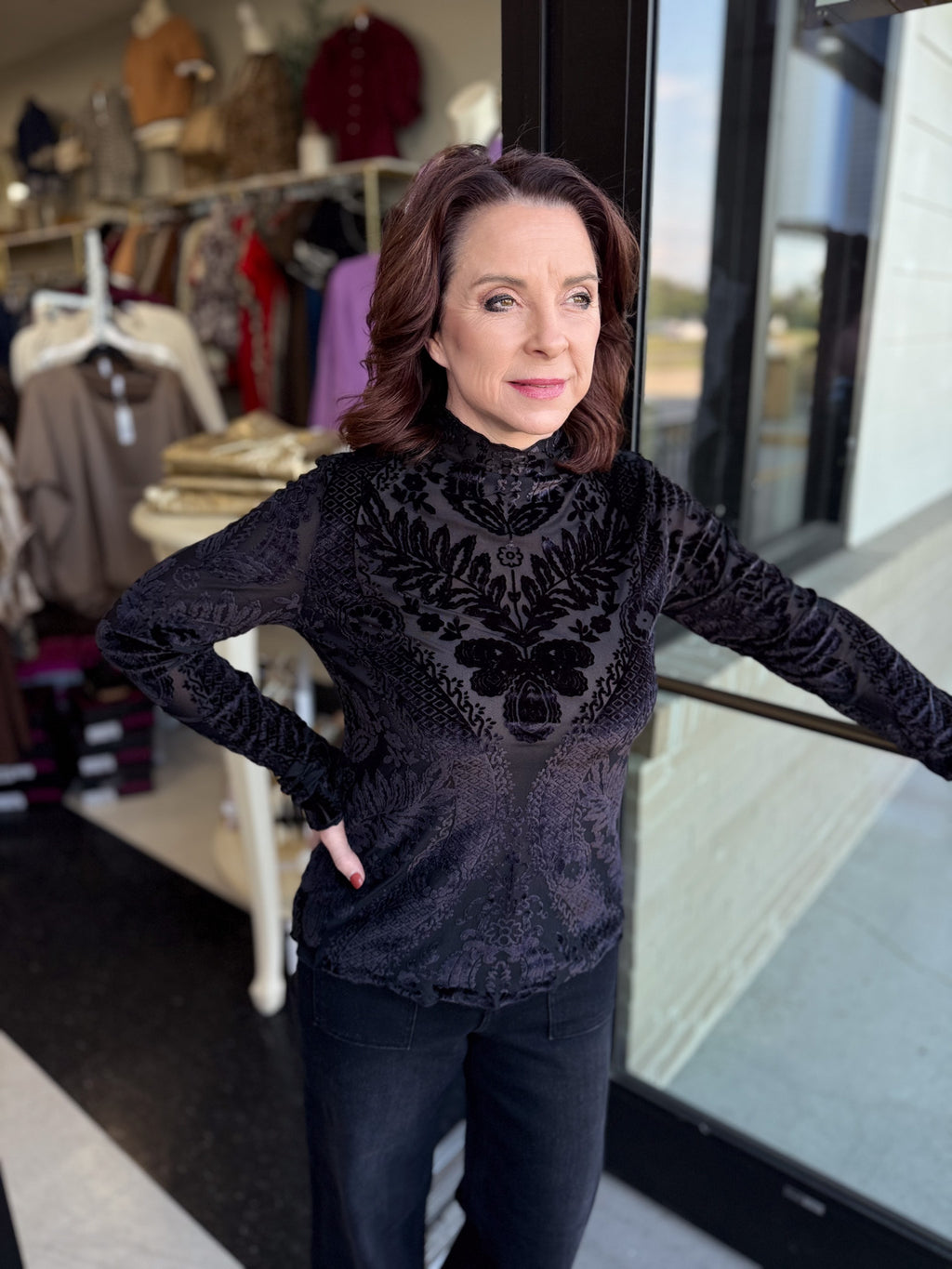 Seraphina Sheer Velvet Burnout Top!