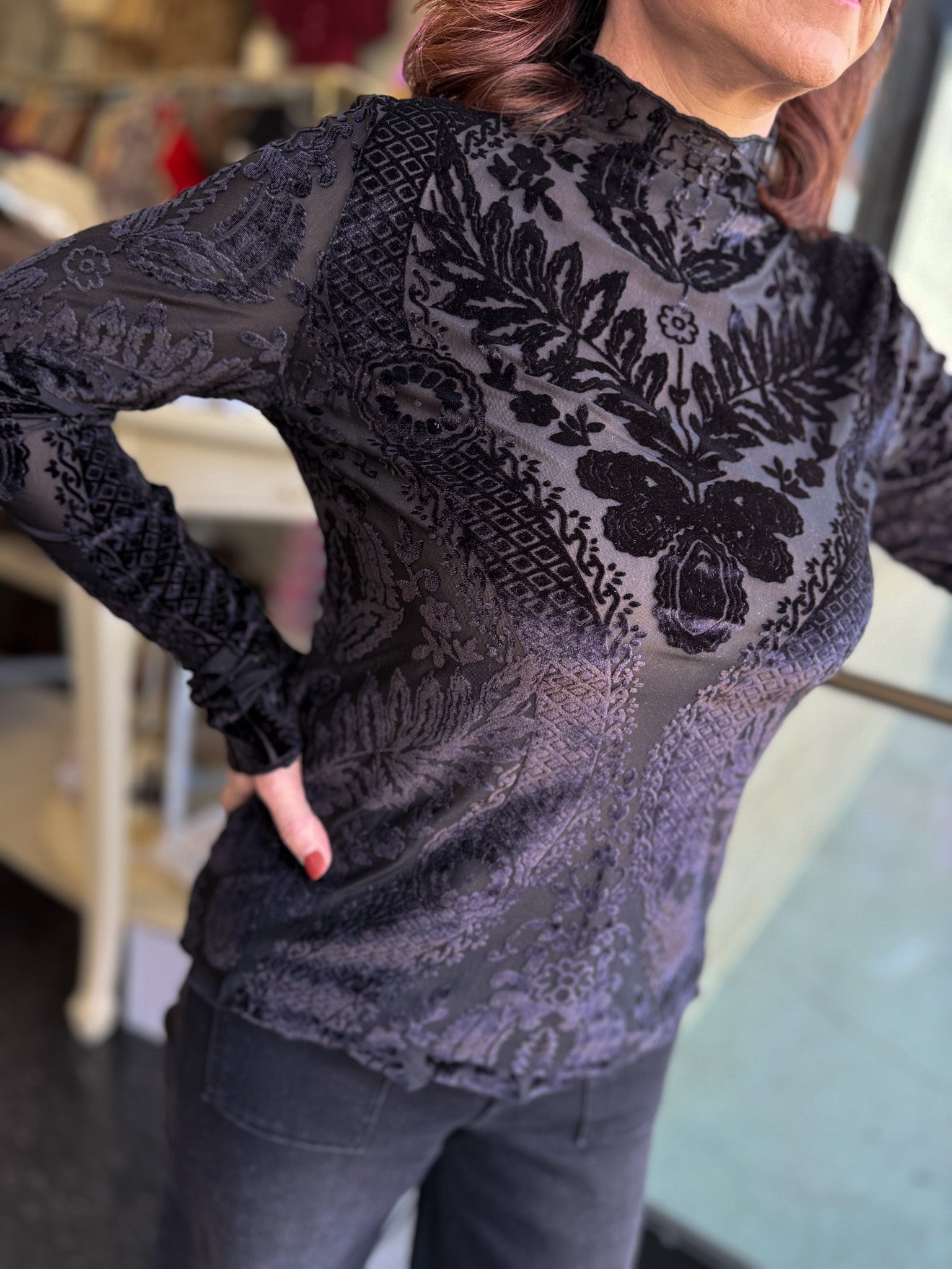 Seraphina Sheer Velvet Burnout Top!