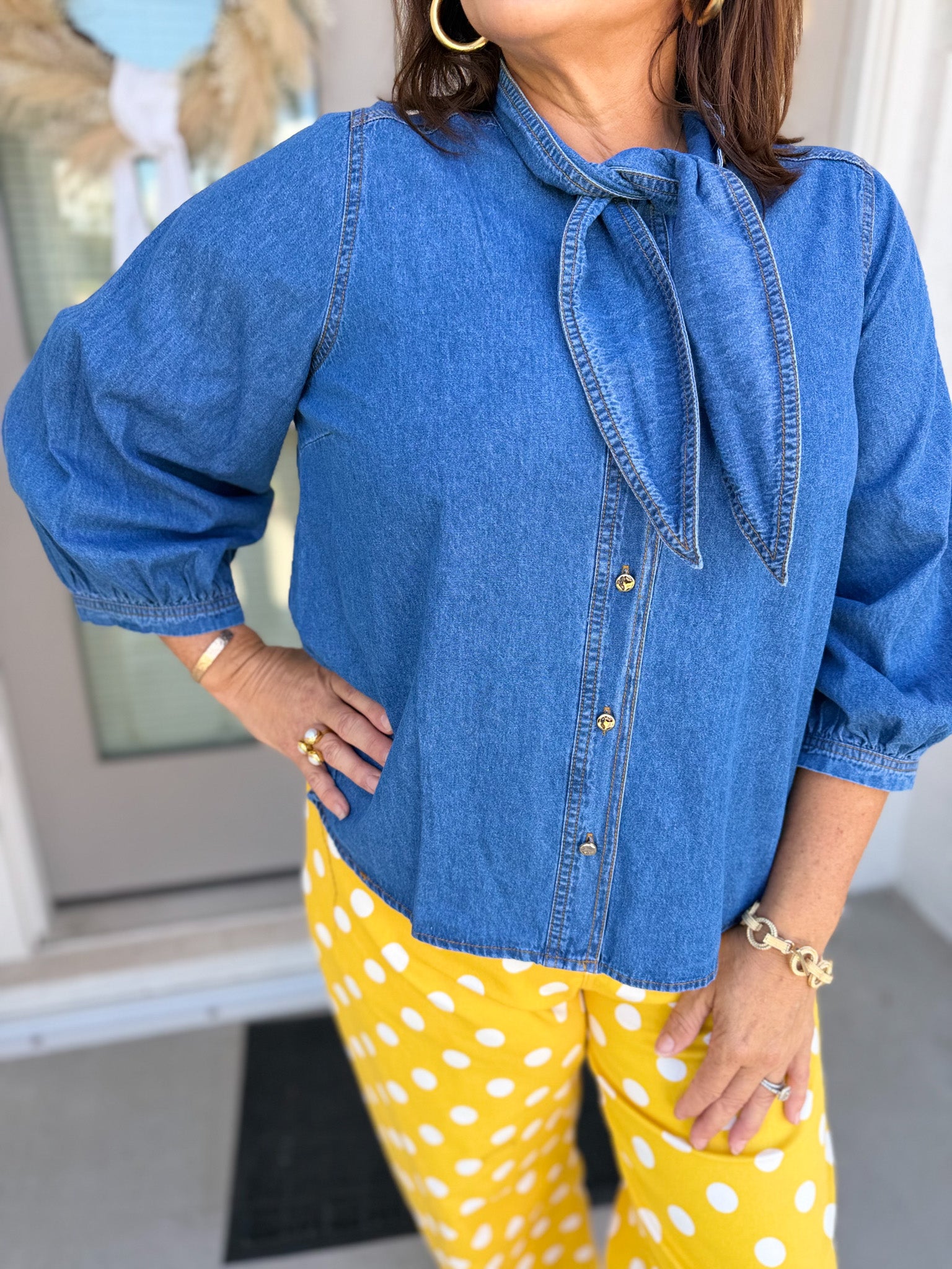 Tie-Neck Denim Top