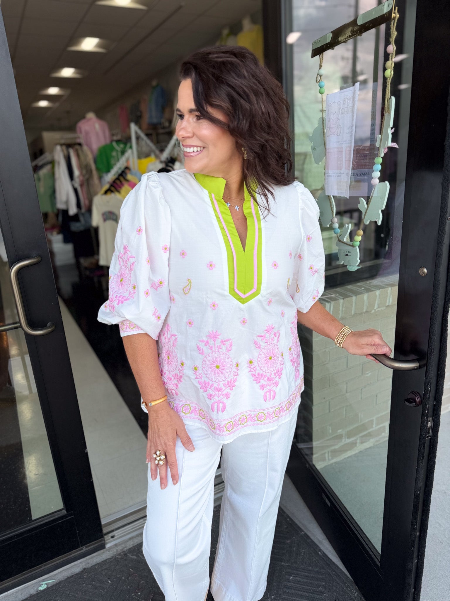 Floral Embroidered 3/4 Puff Sleeve Top