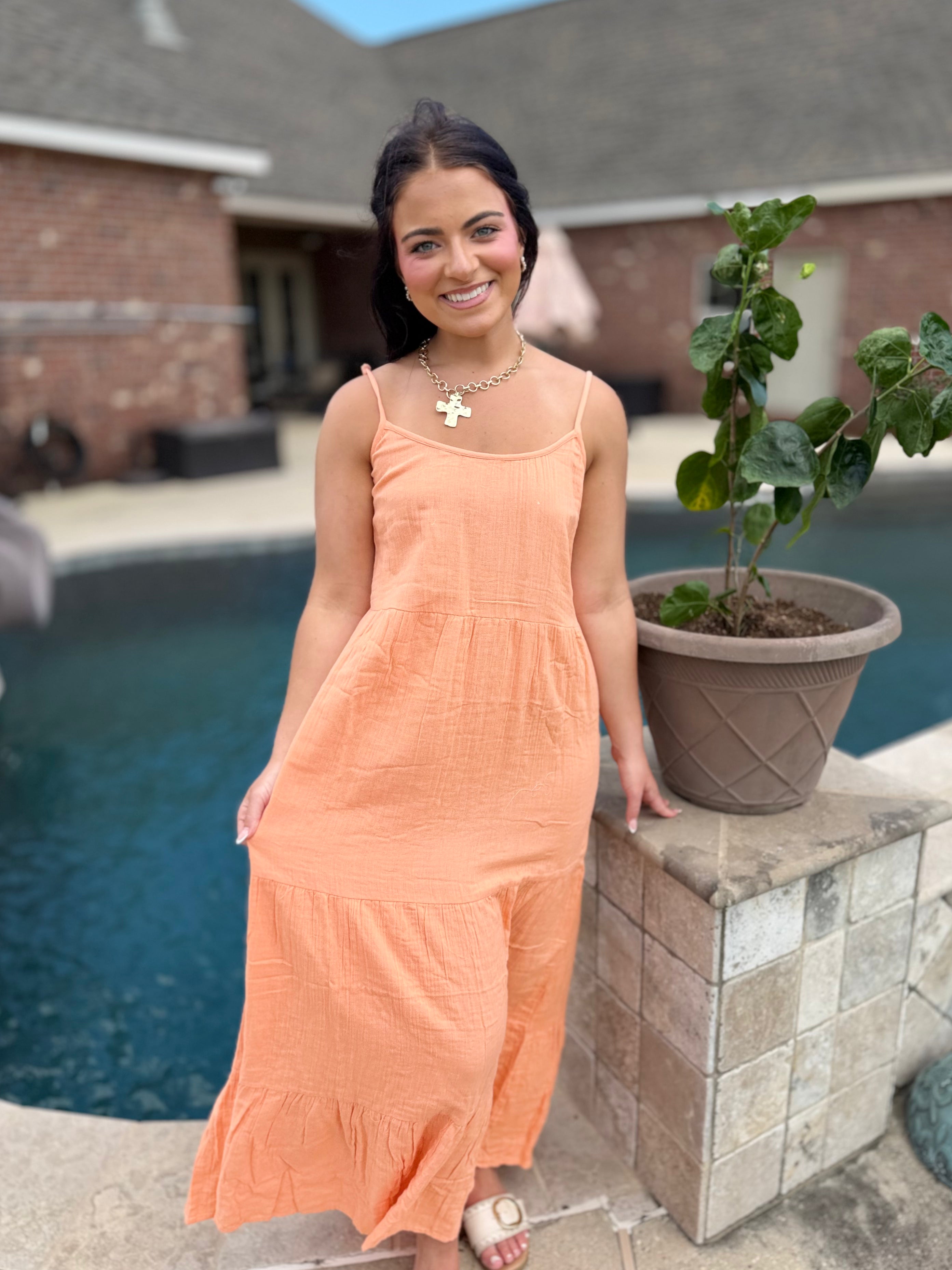 tiered gauze midi dress Double Gauze Tiered Maxi Dress Orange / L