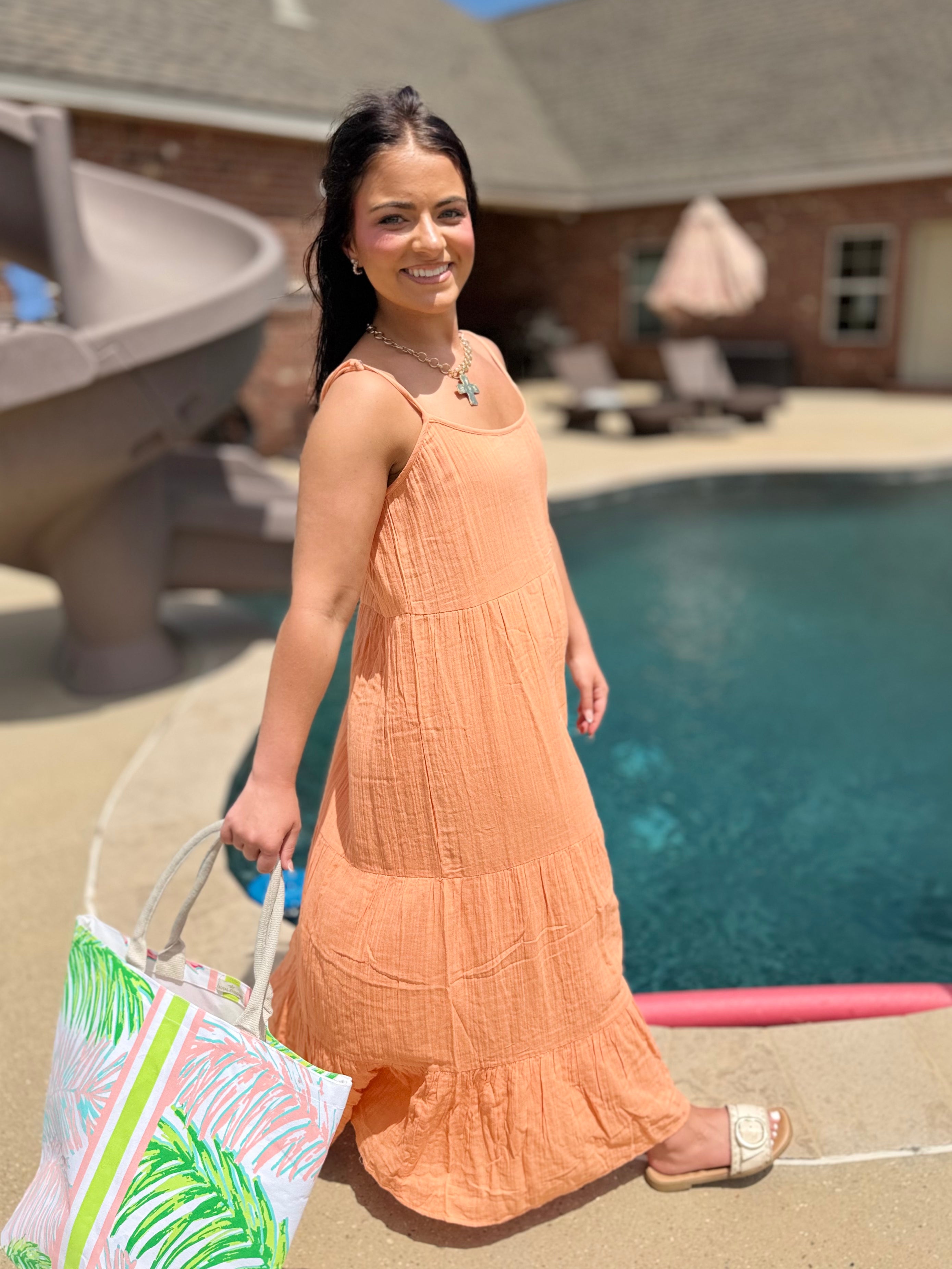 tiered gauze midi dress Double Gauze Tiered Maxi Dress Orange / L