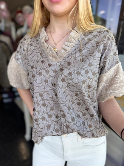 Taupe Sparkle Floral Velvet Top