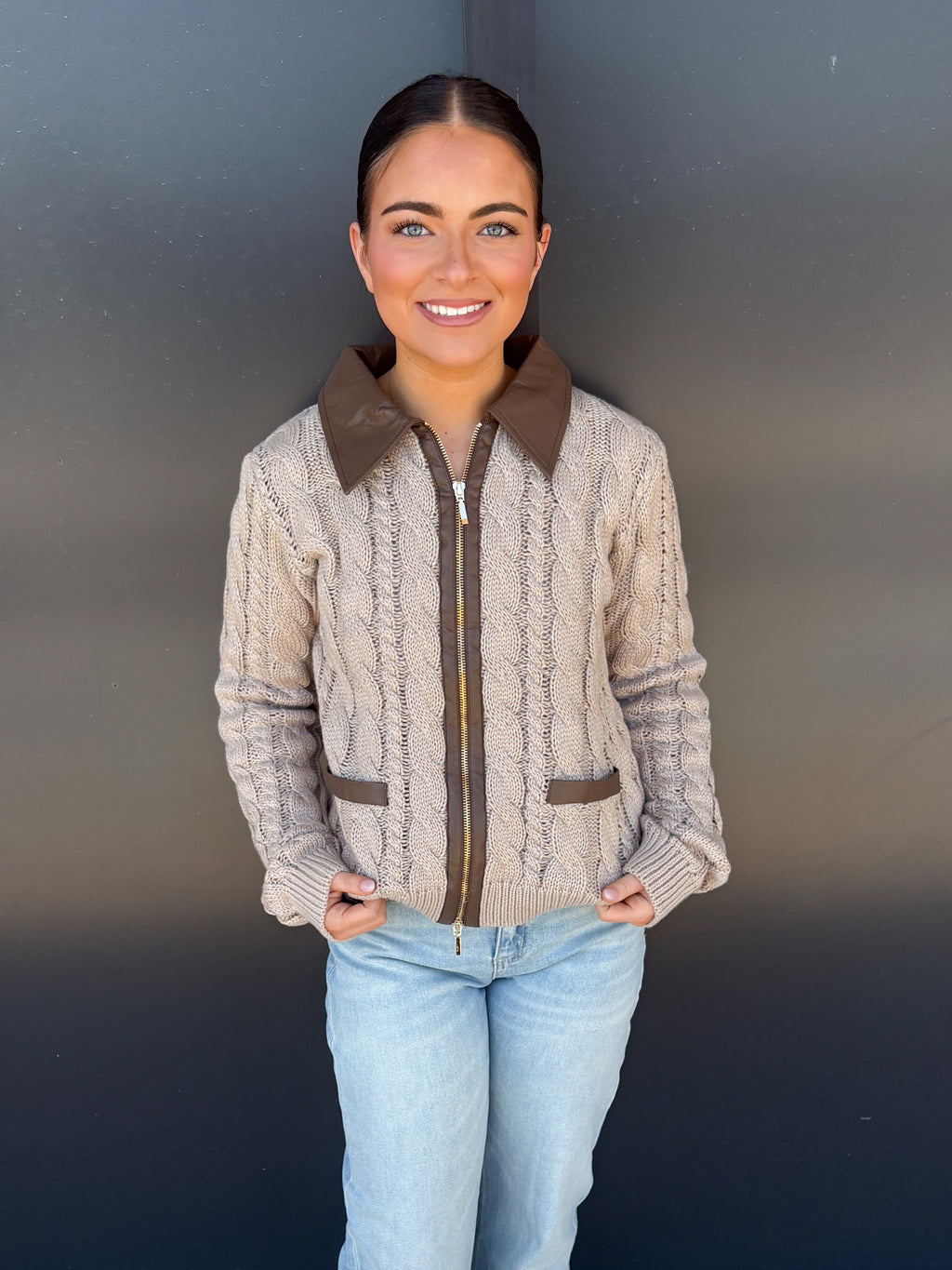 Cable Knit Front Zip Jacket