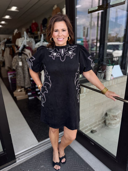 ✨ The Selene Embroidered Faux Suede Dress