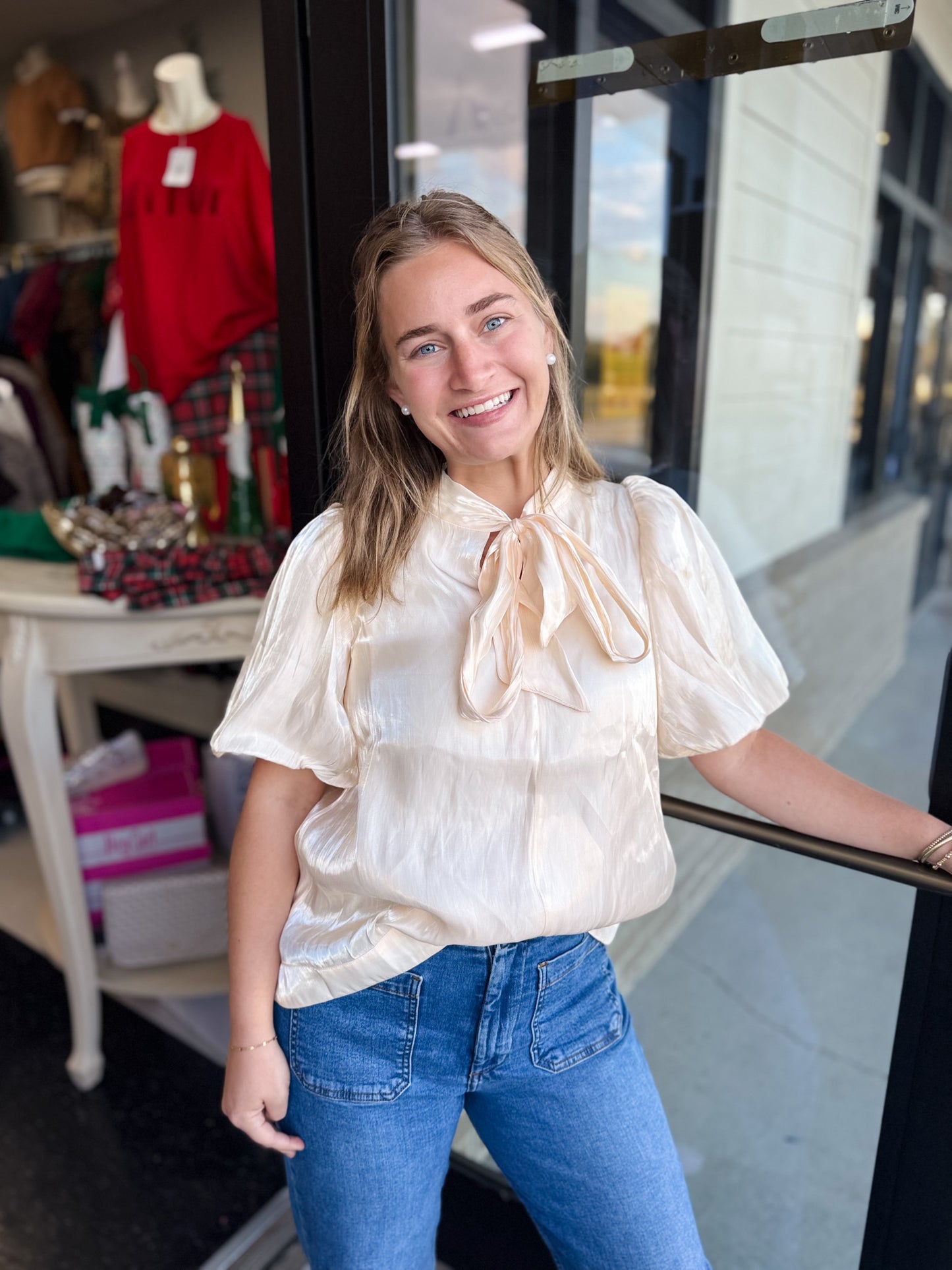 The Cream Puff Sleeve Bow Top