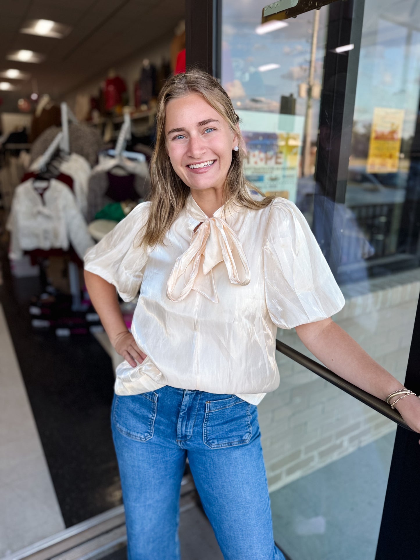 The Cream Puff Sleeve Bow Top