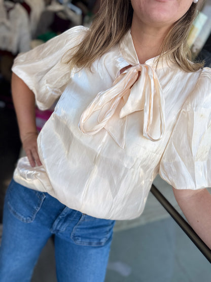 The Cream Puff Sleeve Bow Top