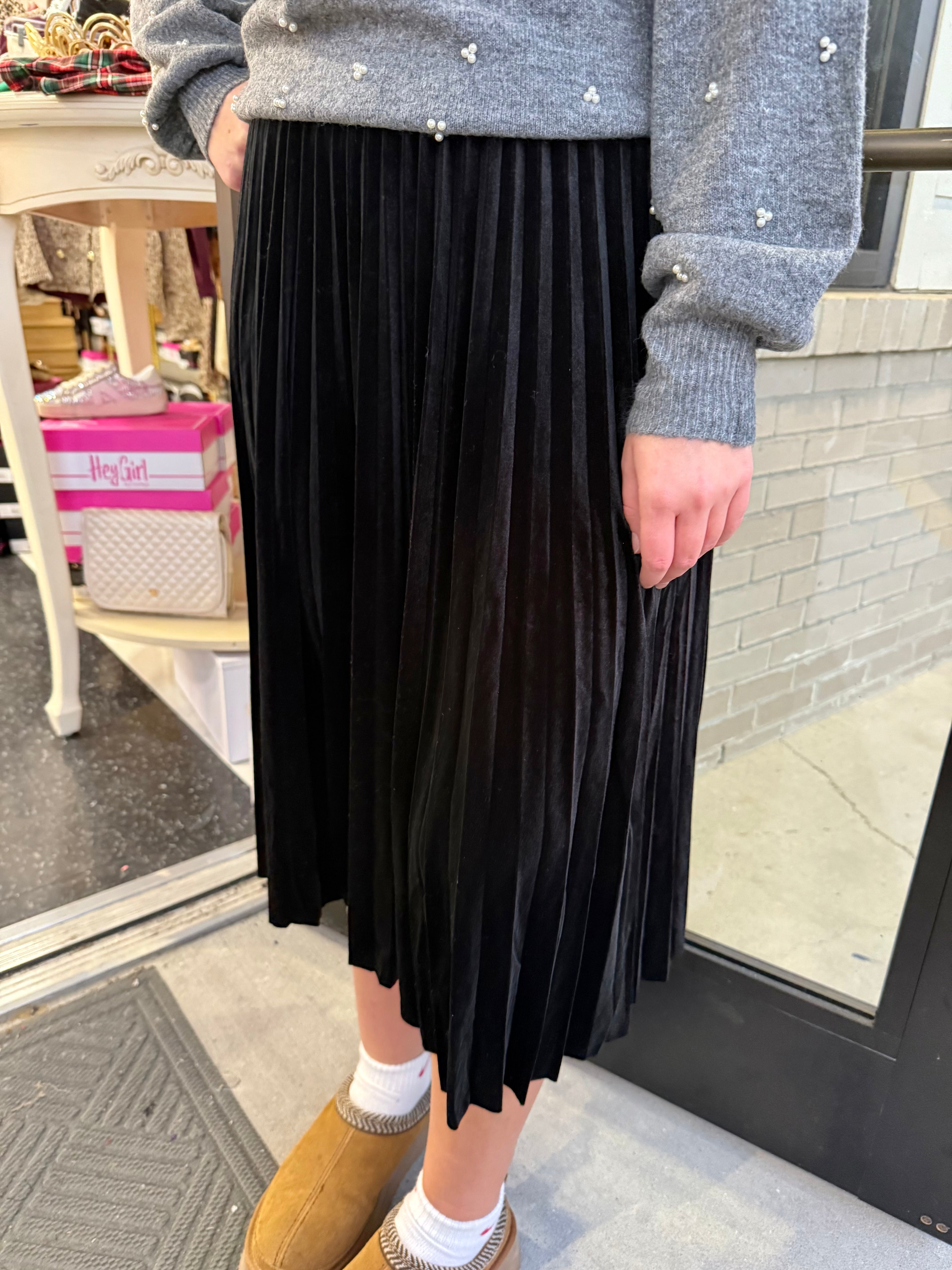 Black Velvet Pleated Skirt