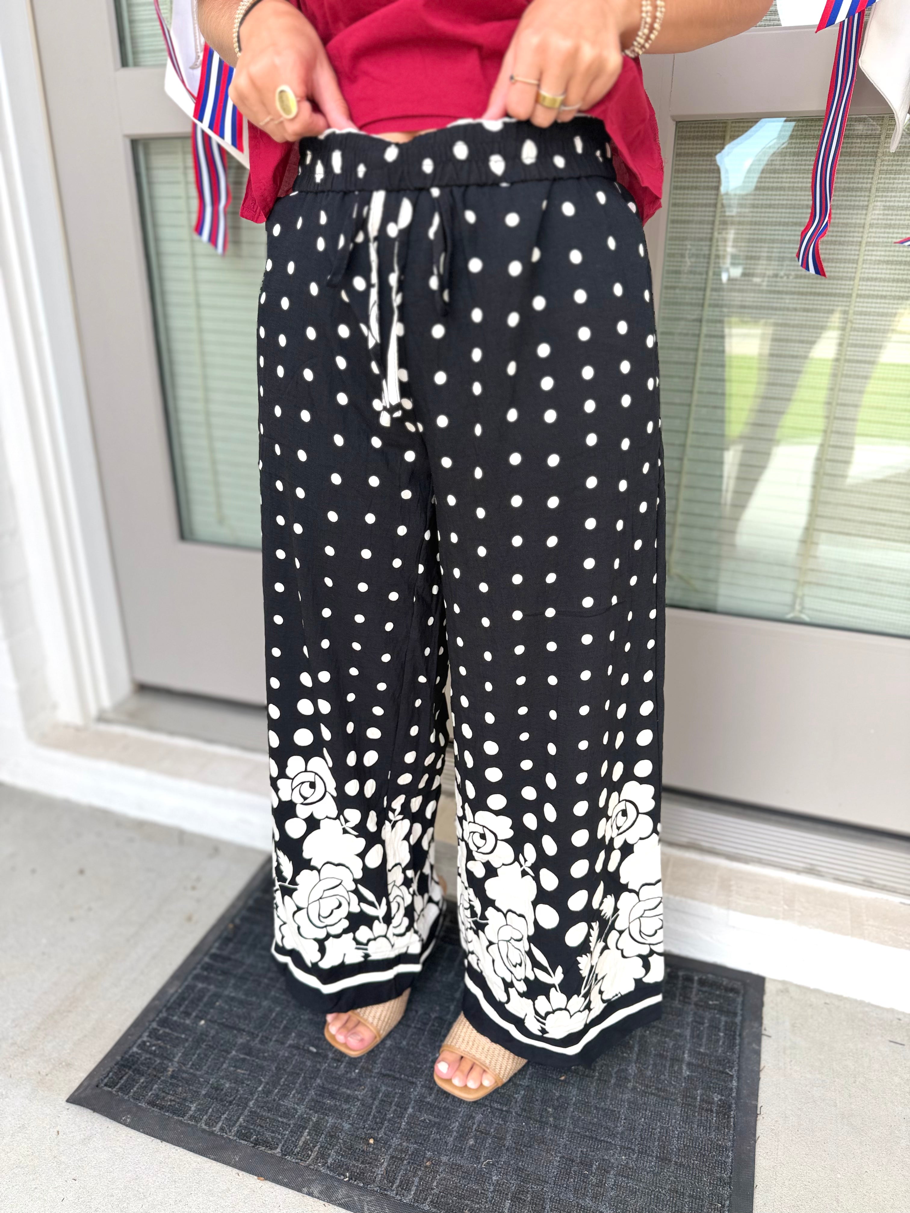 Polka Dot Floral Border Wide Leg Pants
