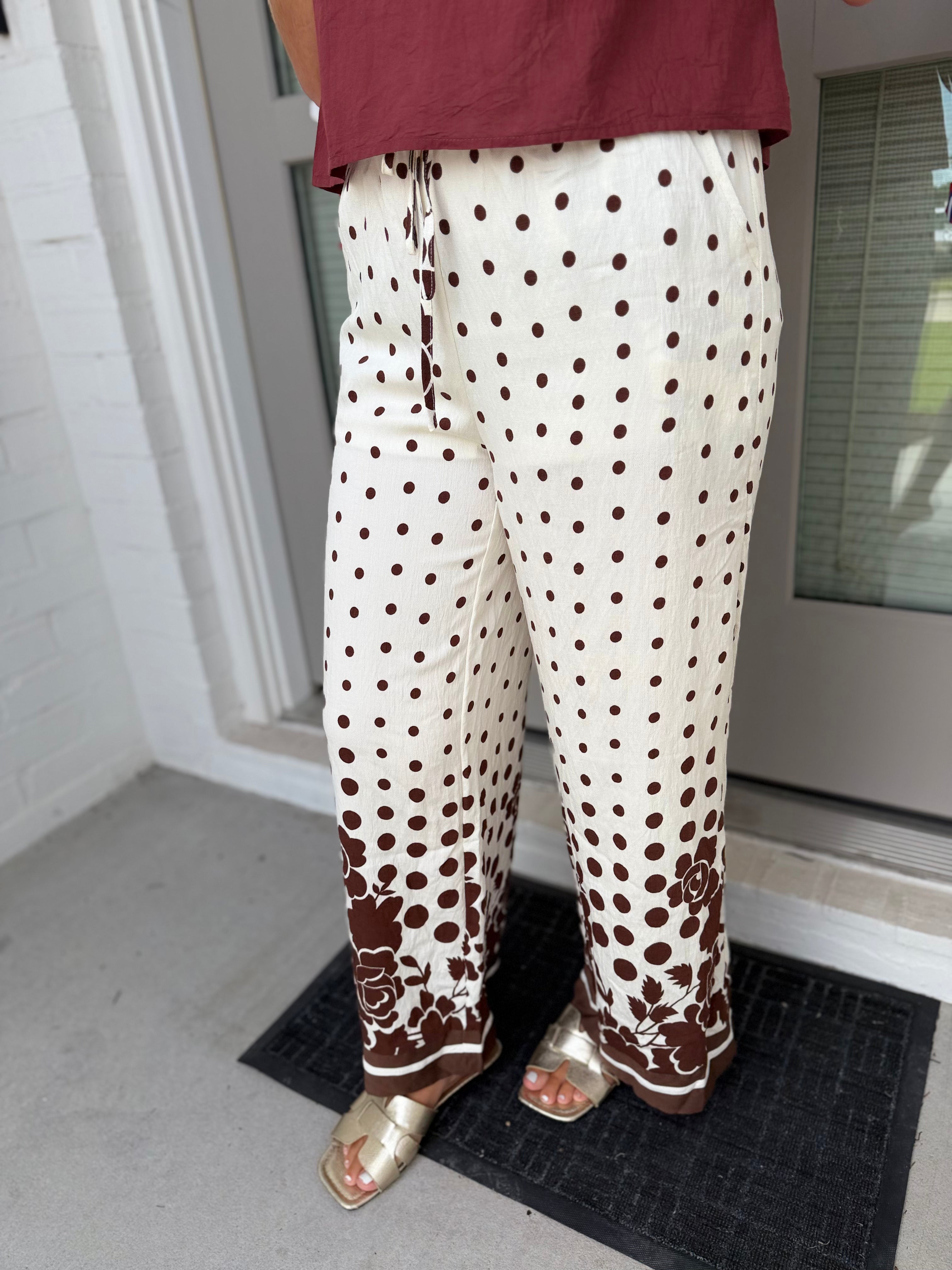 Polka Dot Floral Border Wide Leg Pants