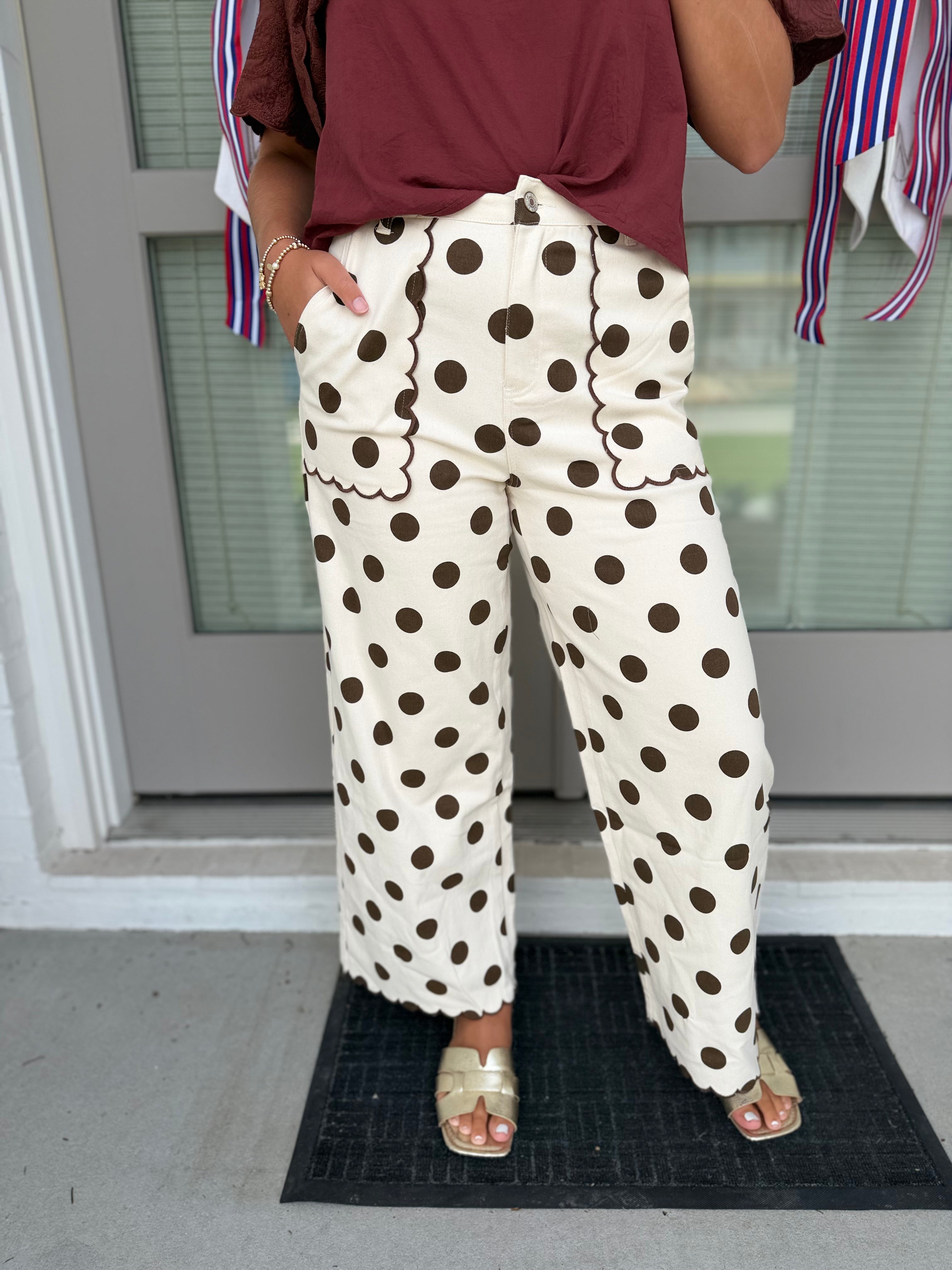 Polka Dot Scallop Trim Wide Leg Pants