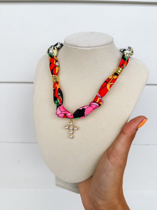 Scarf Necklace - Fuchsia Cross