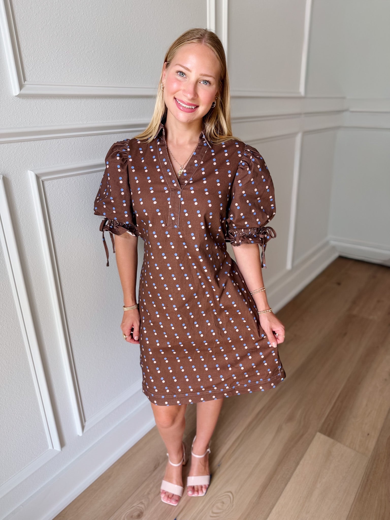 Denim Polka Dot Puff Sleeve Mini Dress *