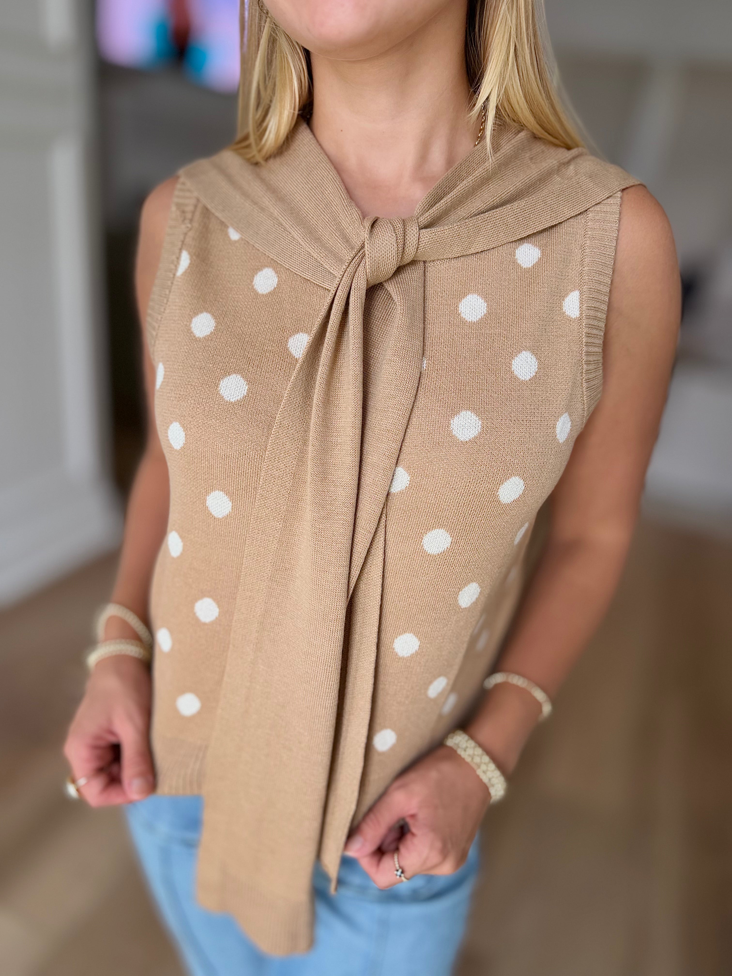 Polka Dot Tie Shoulder Sweater Knit Top