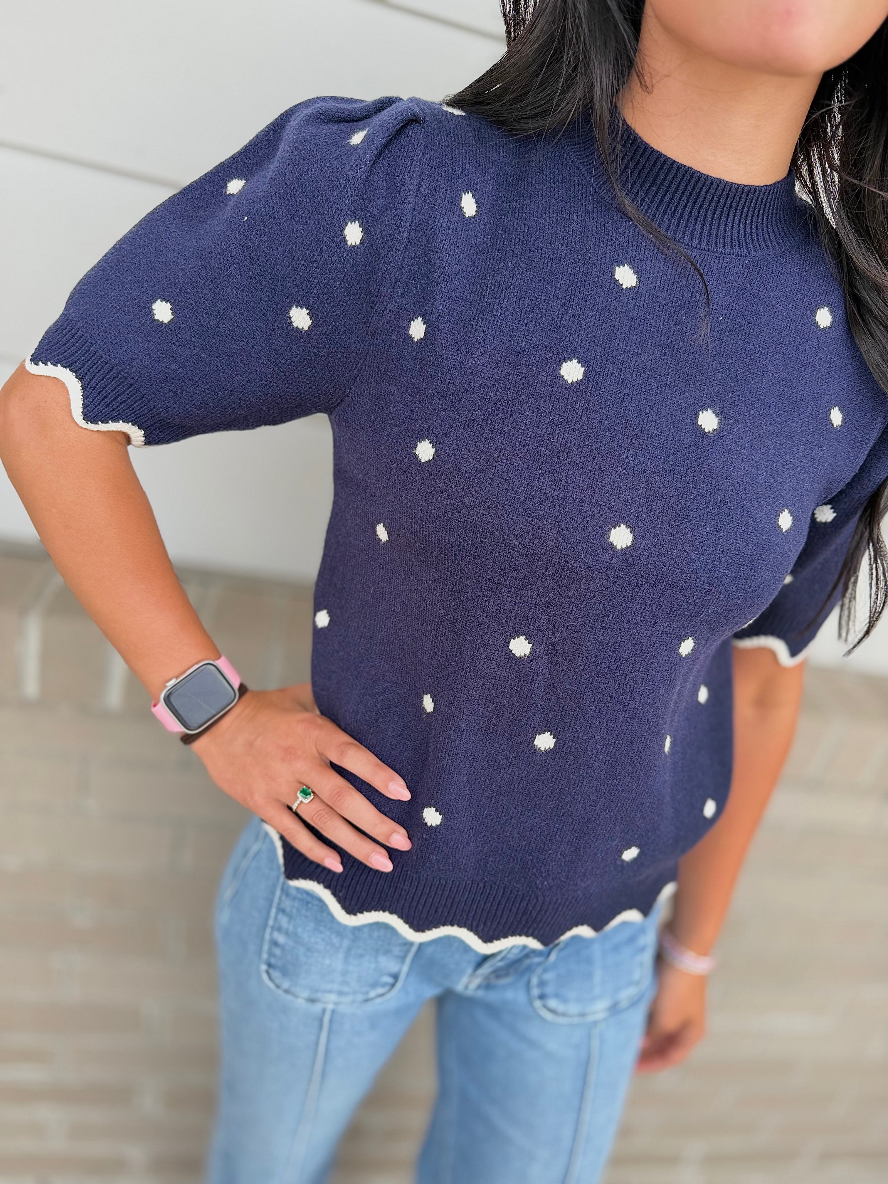 Scallop Charm Polka Dot Sweater Top