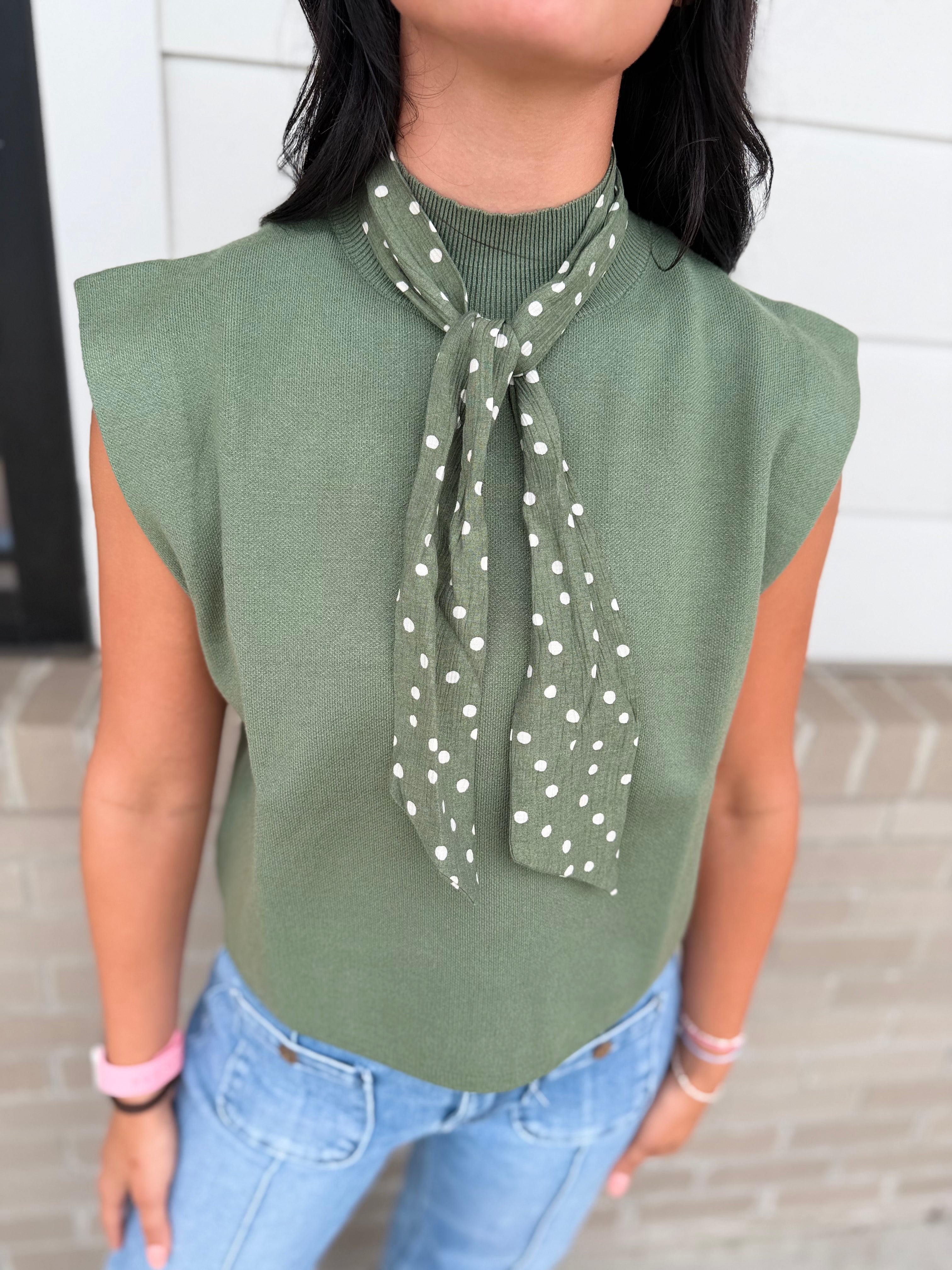 Mock Neck Top w/ Removable Polka Dot Scarf