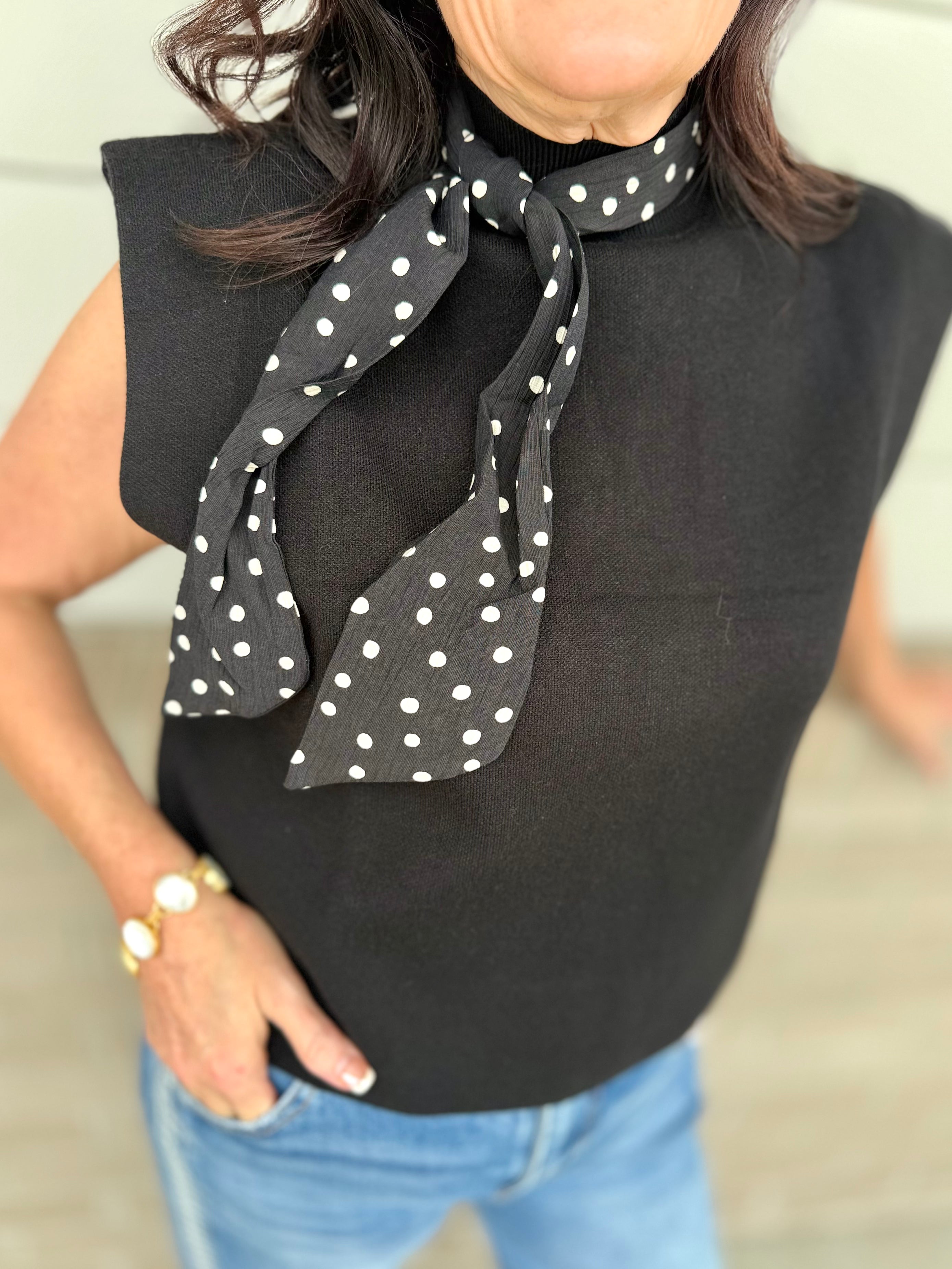 Mock Neck Top w/ Removable Polka Dot Scarf