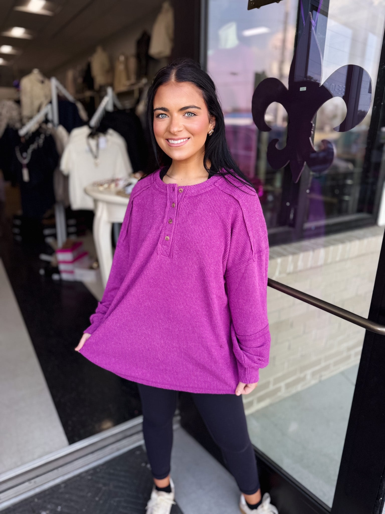 Ribbed Brushed Hacci Melange Henley Sweater