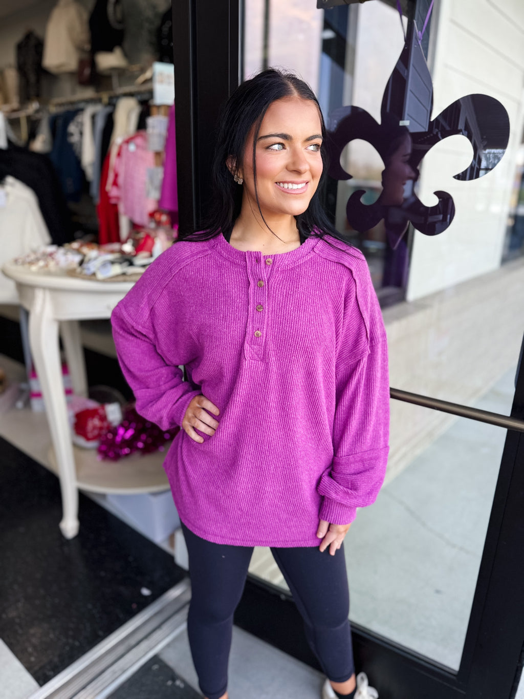 Ribbed Brushed Hacci Melange Henley Sweater