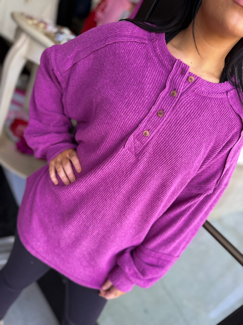 Ribbed Brushed Hacci Melange Henley Sweater