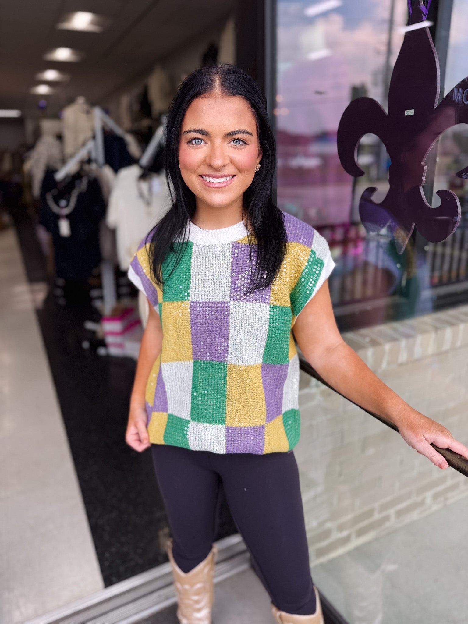 Sequin Mardi Gras Checker Top