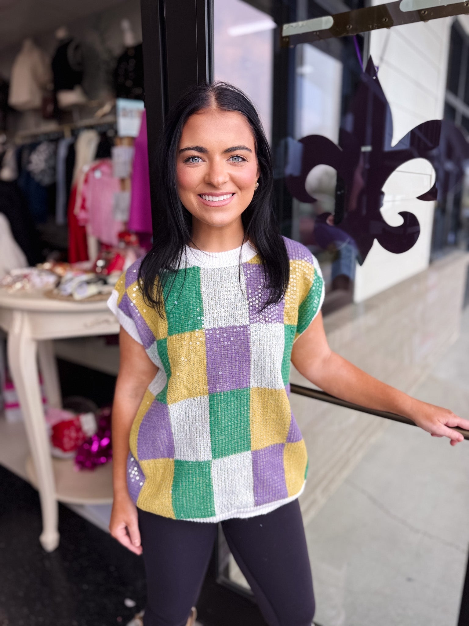 Sequin Mardi Gras Checker Top