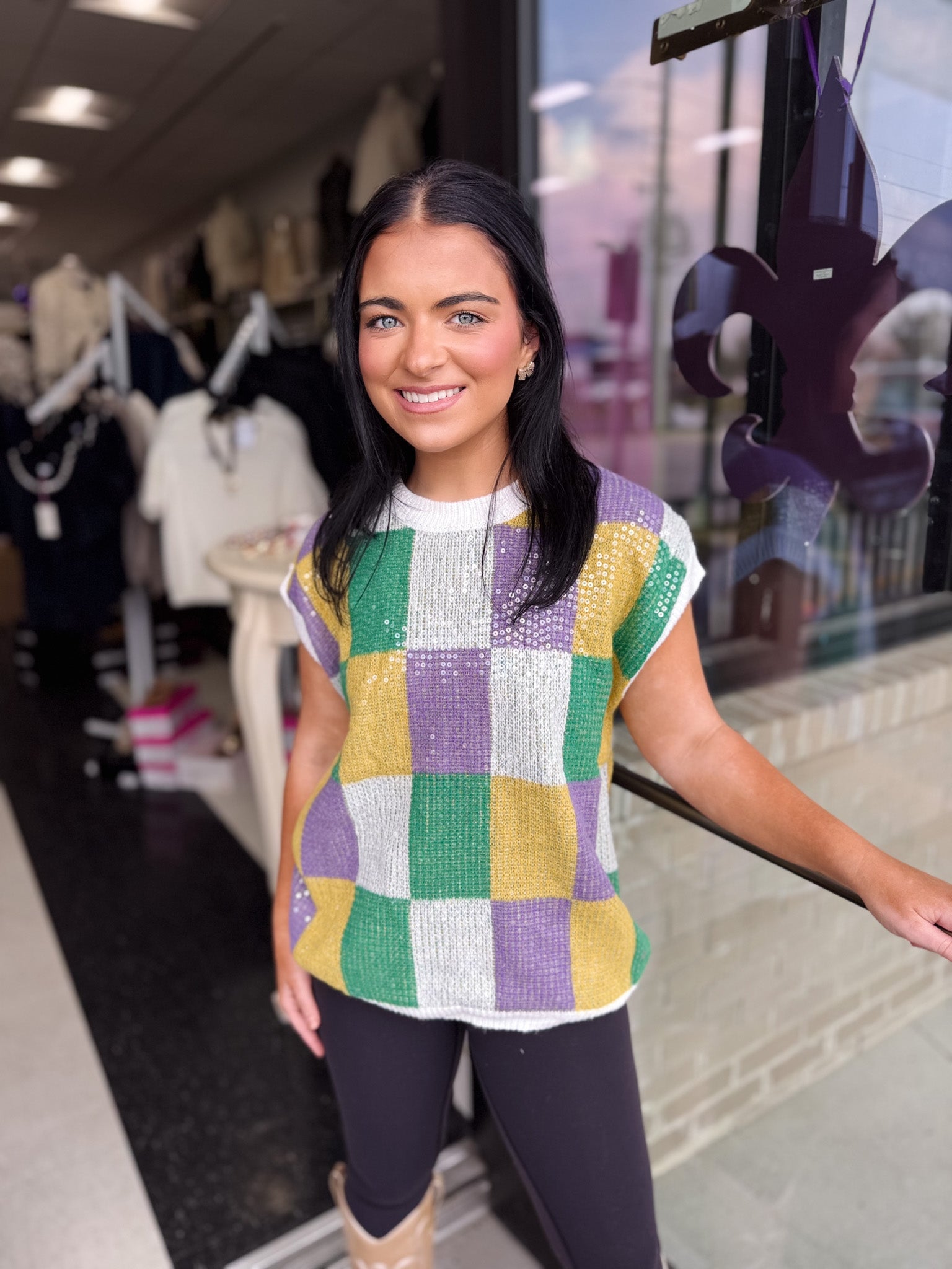 Sequin Mardi Gras Checker Top