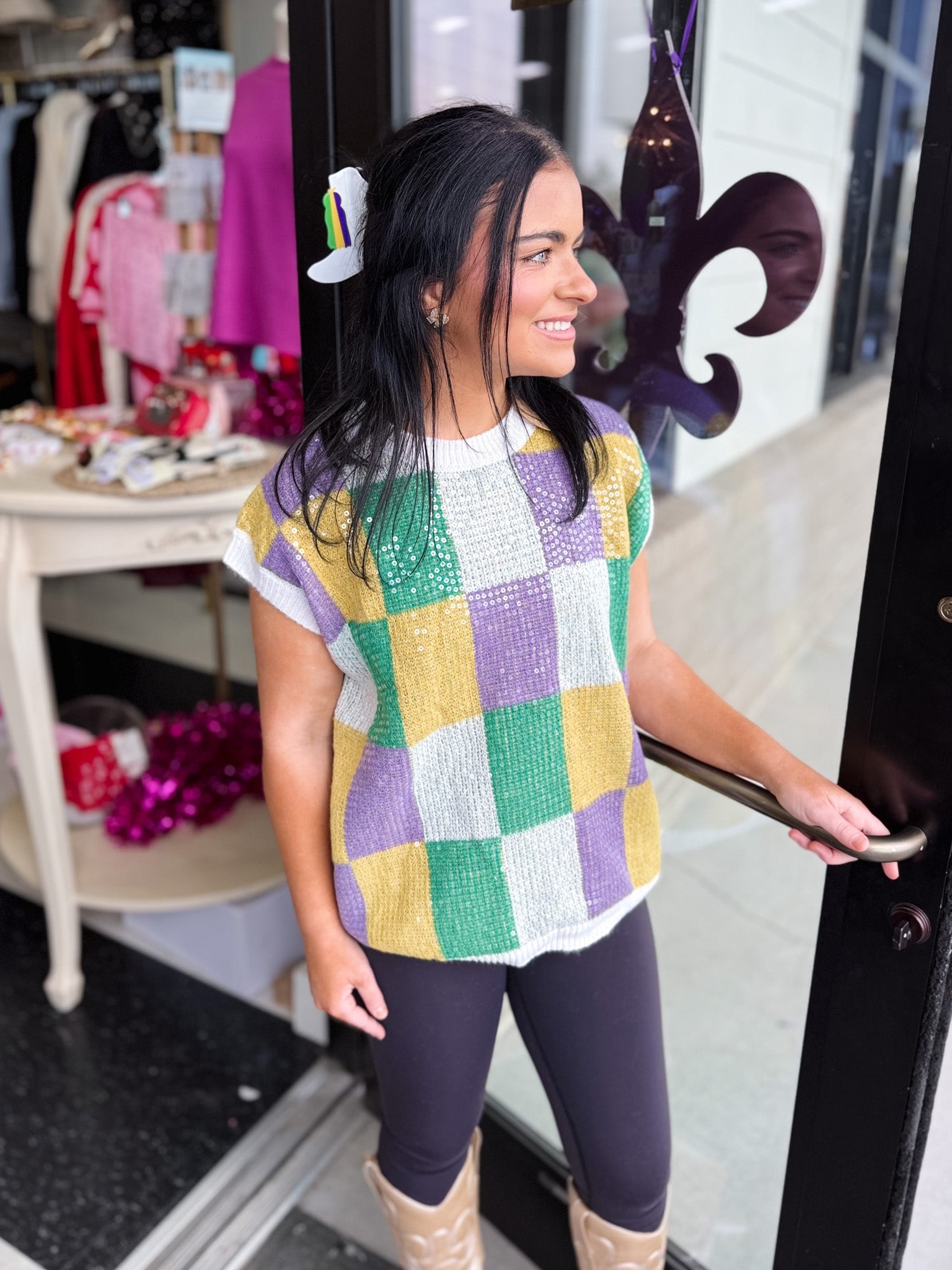 Sequin Mardi Gras Checker Top