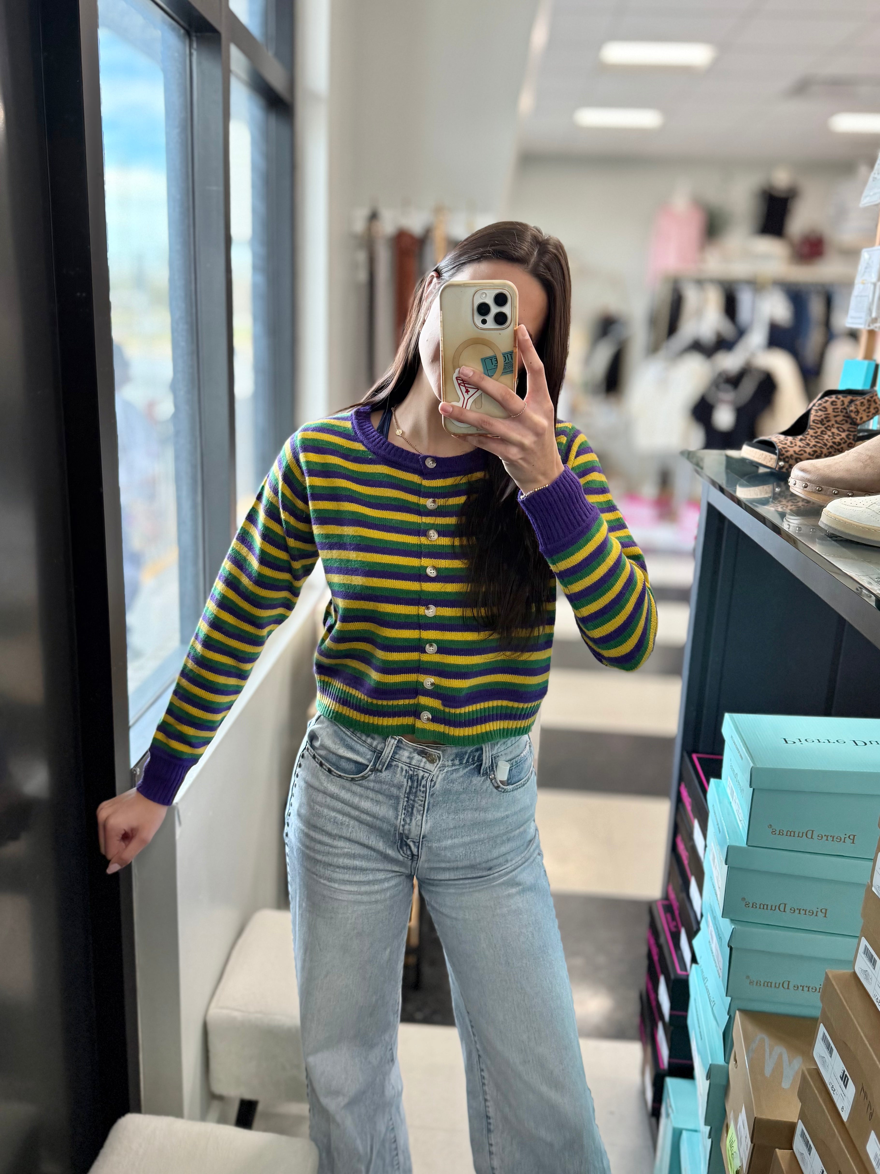 Mardi Gras Color Stripe Button Cardigan