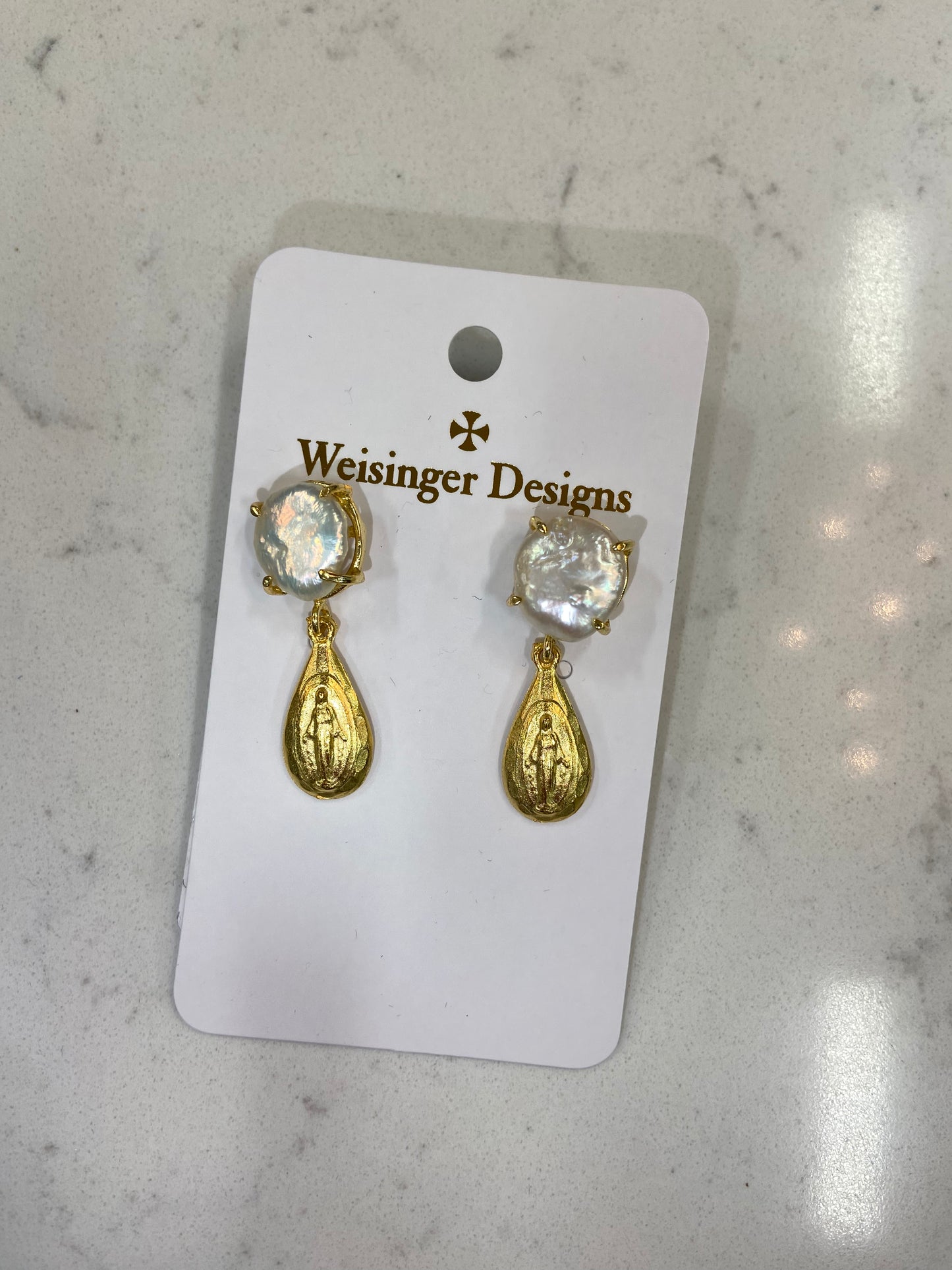 WD teardrop Mary w/ Pearl post stud earrings
