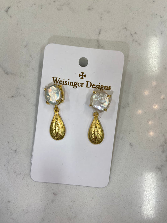 WD teardrop Mary w/ Pearl post stud earrings