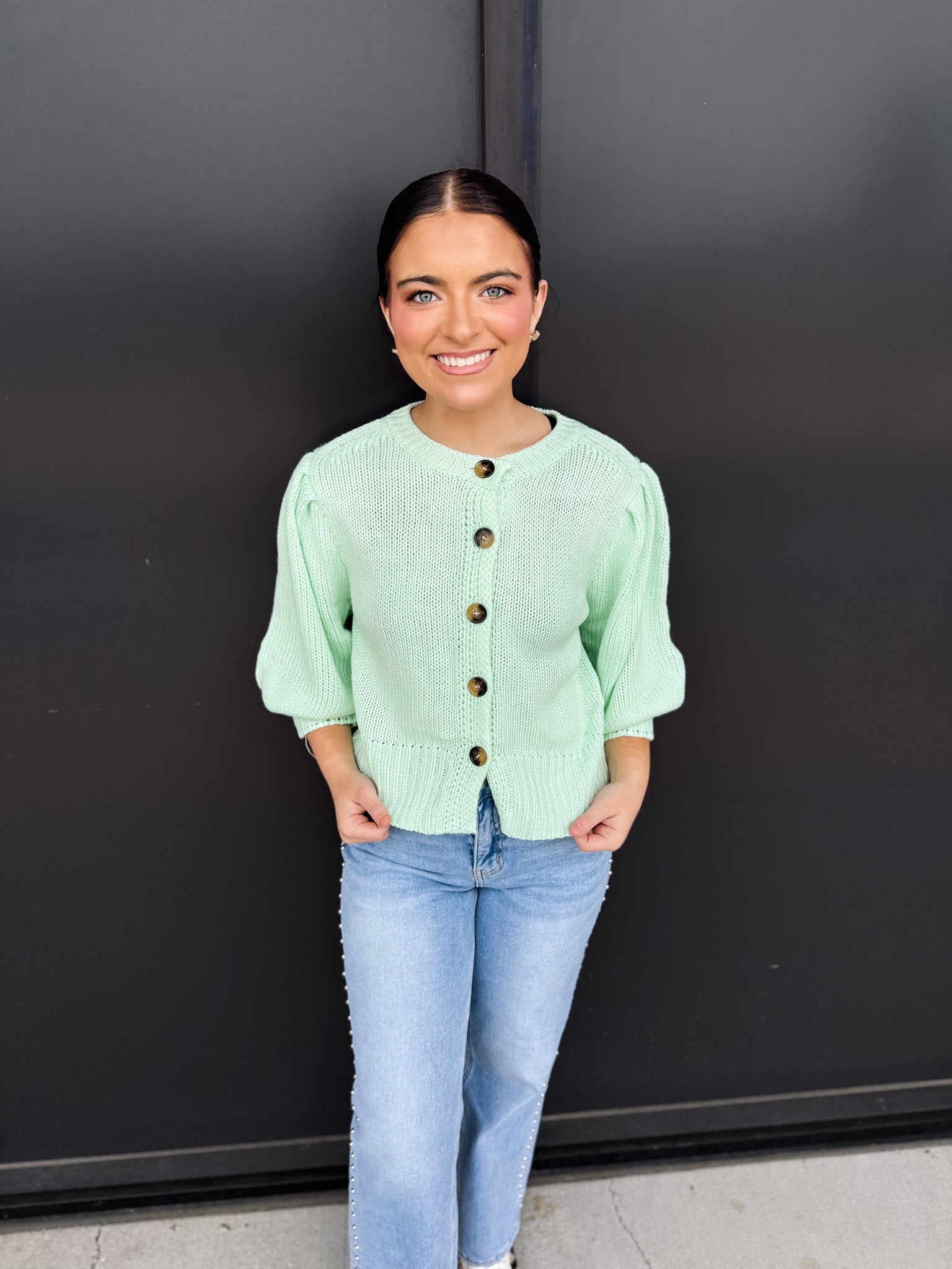 Short Puff Sleeve Button Down Sweater