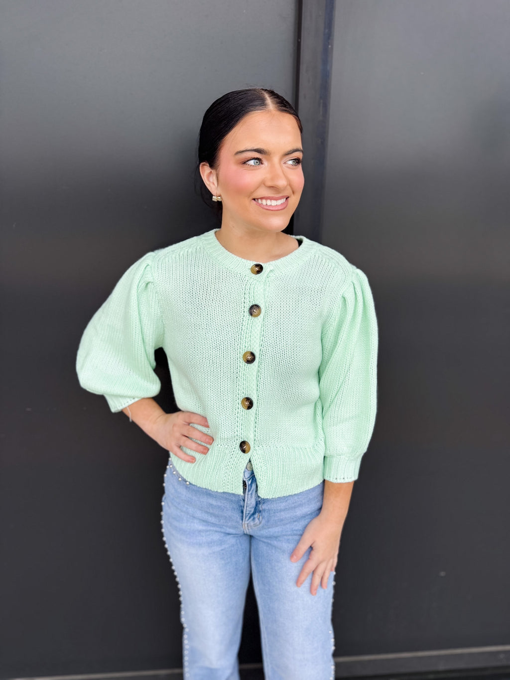 Short Puff Sleeve Button Down Sweater