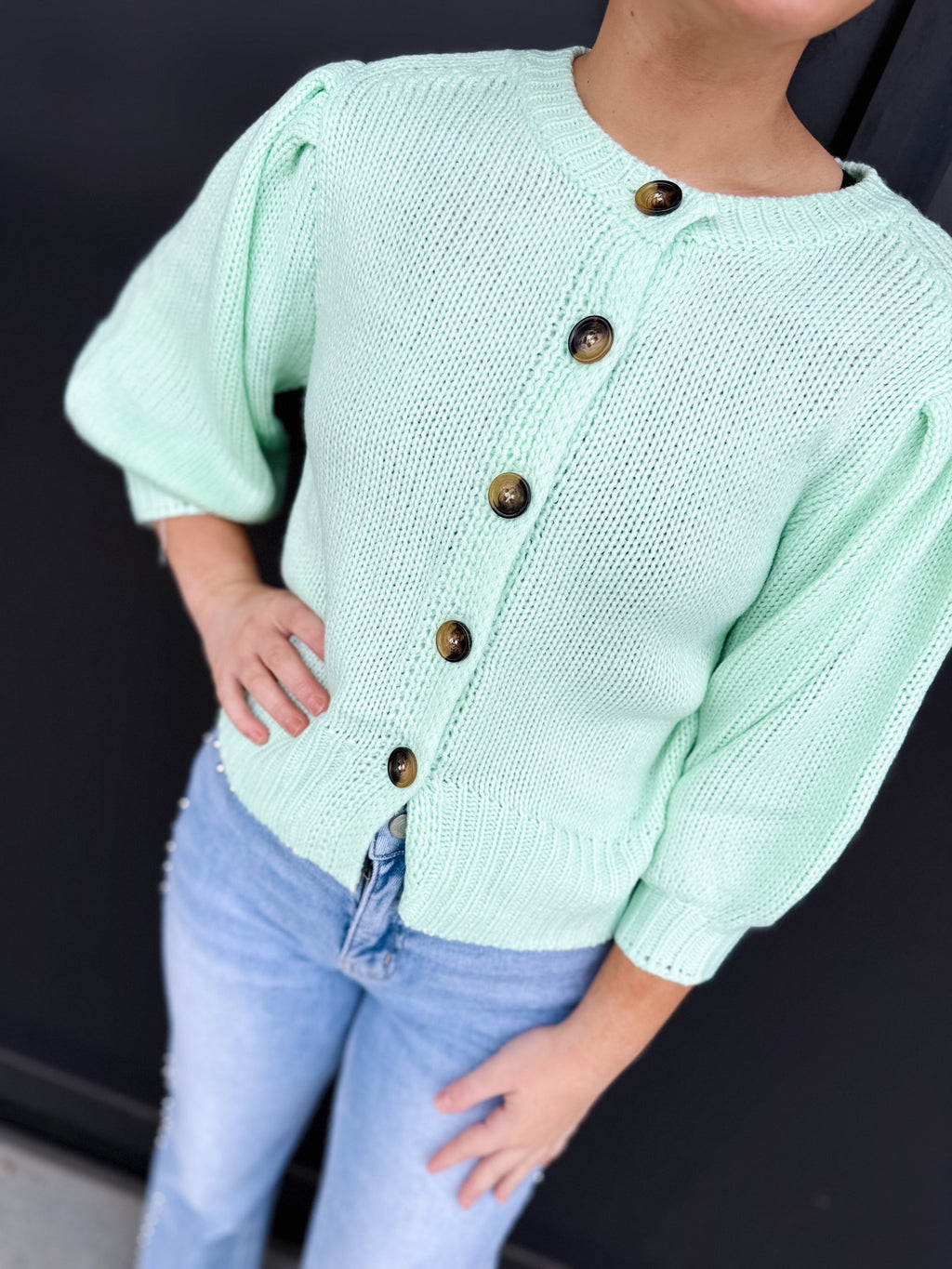 Short Puff Sleeve Button Down Sweater