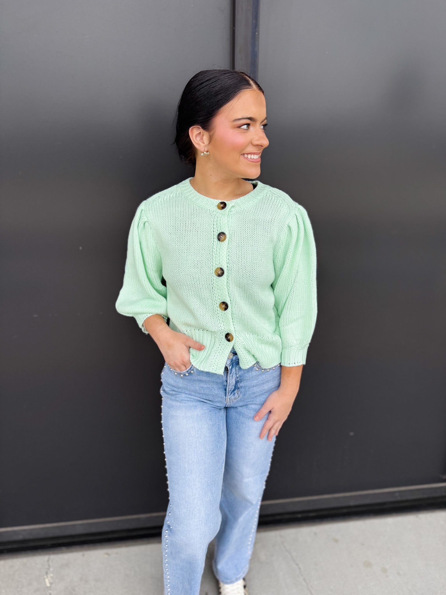 Short Puff Sleeve Button Down Sweater