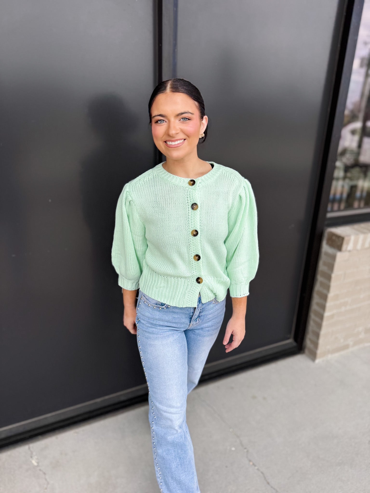 Short Puff Sleeve Button Down Sweater