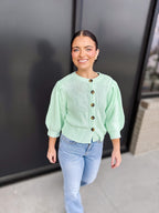 Short Puff Sleeve Button Down Sweater