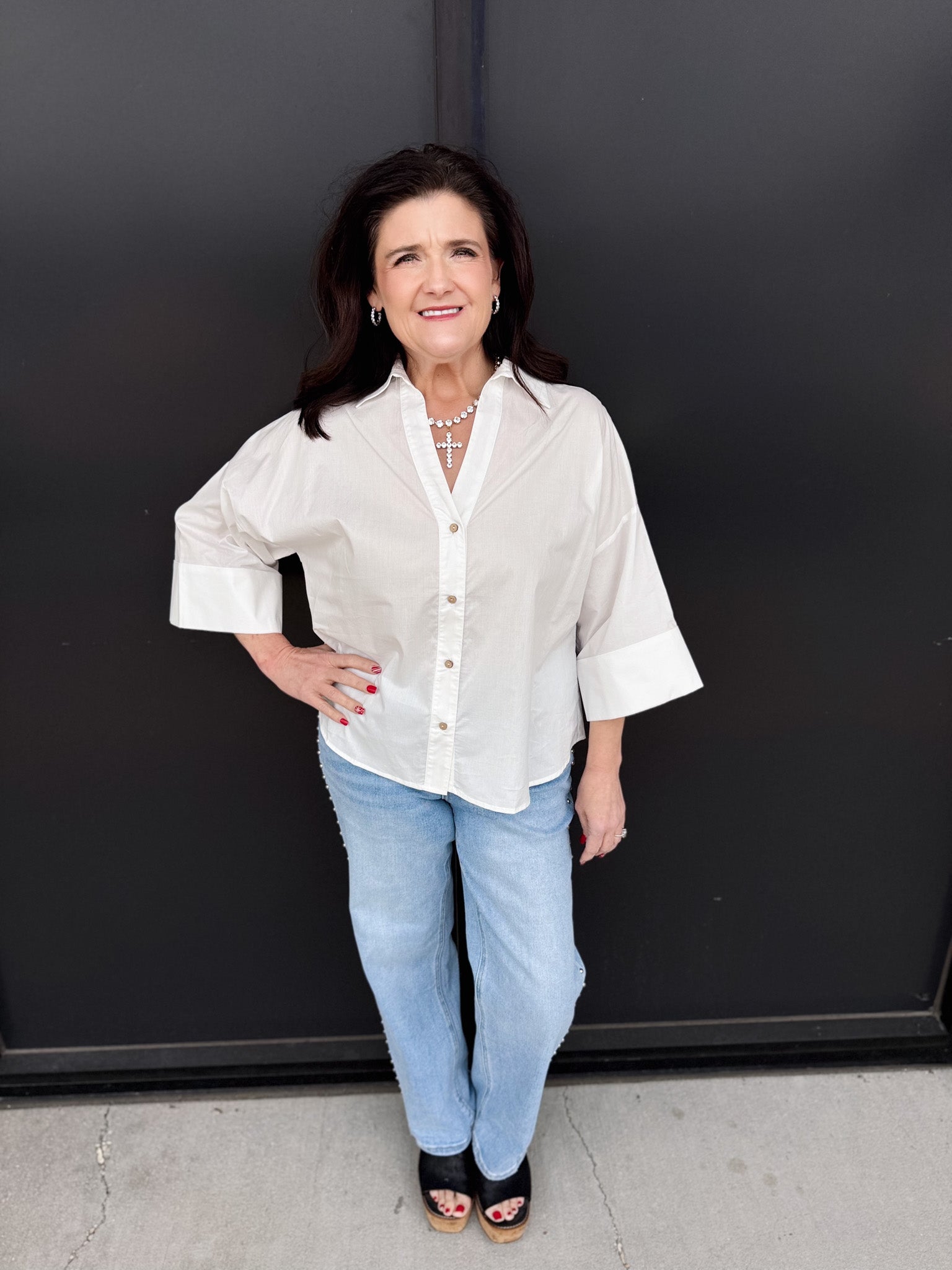 Back Pleat Button-Down Blouse Top