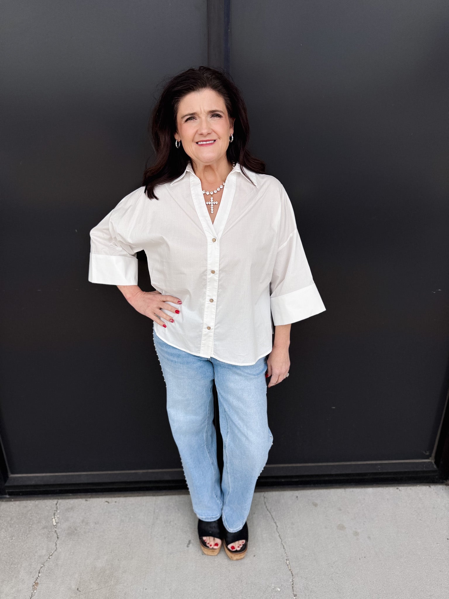 Back Pleat Button-Down Blouse Top