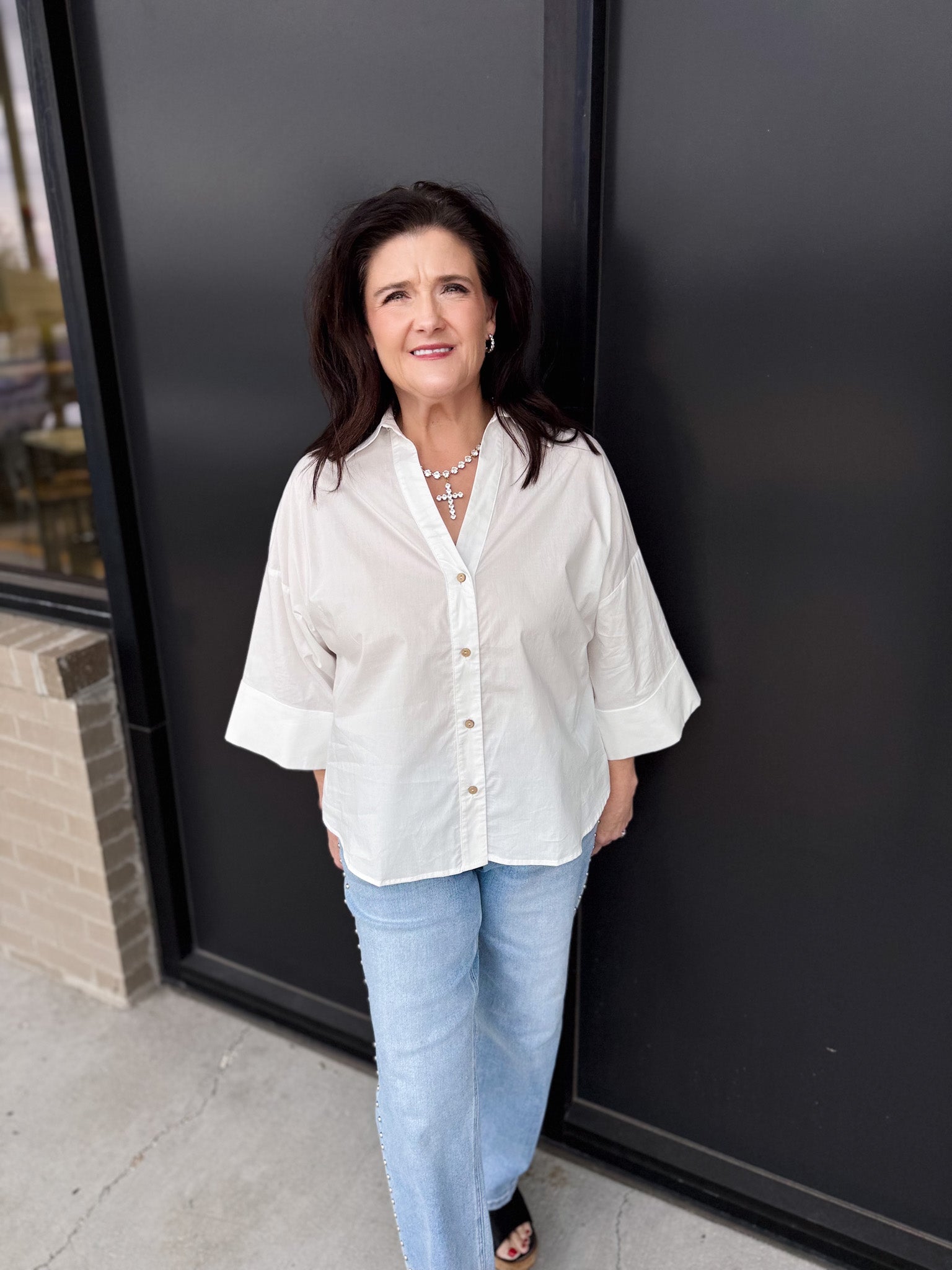 Back Pleat Button-Down Blouse Top