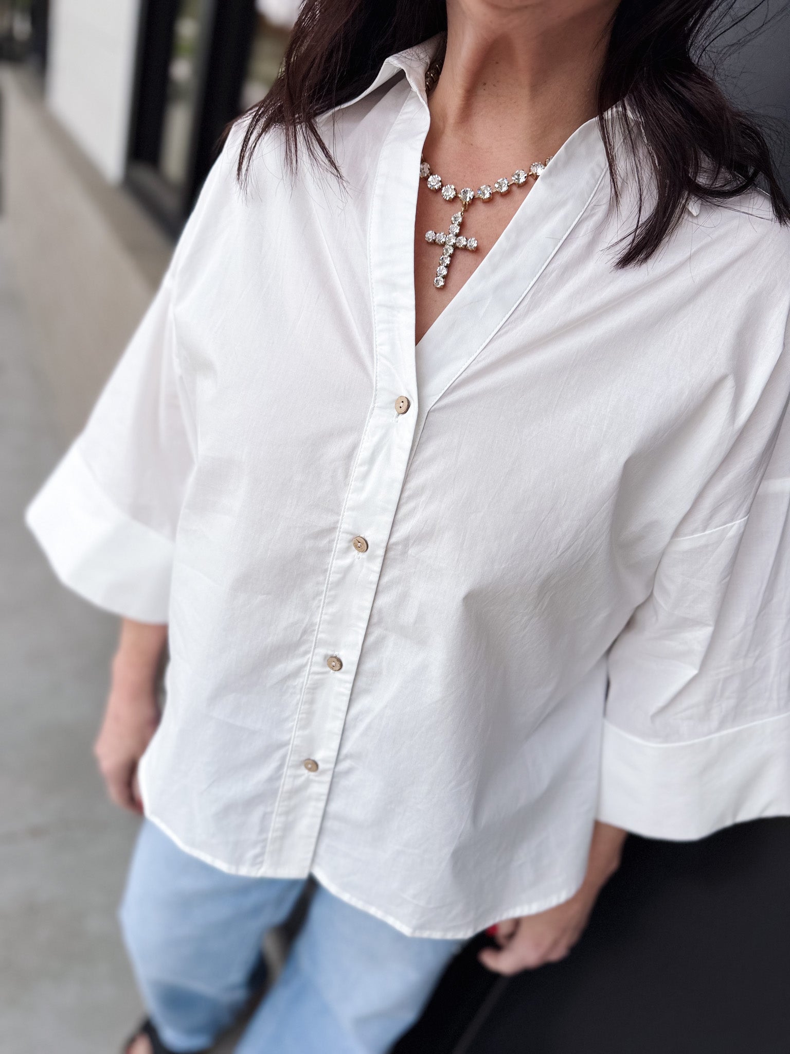 Back Pleat Button-Down Blouse Top