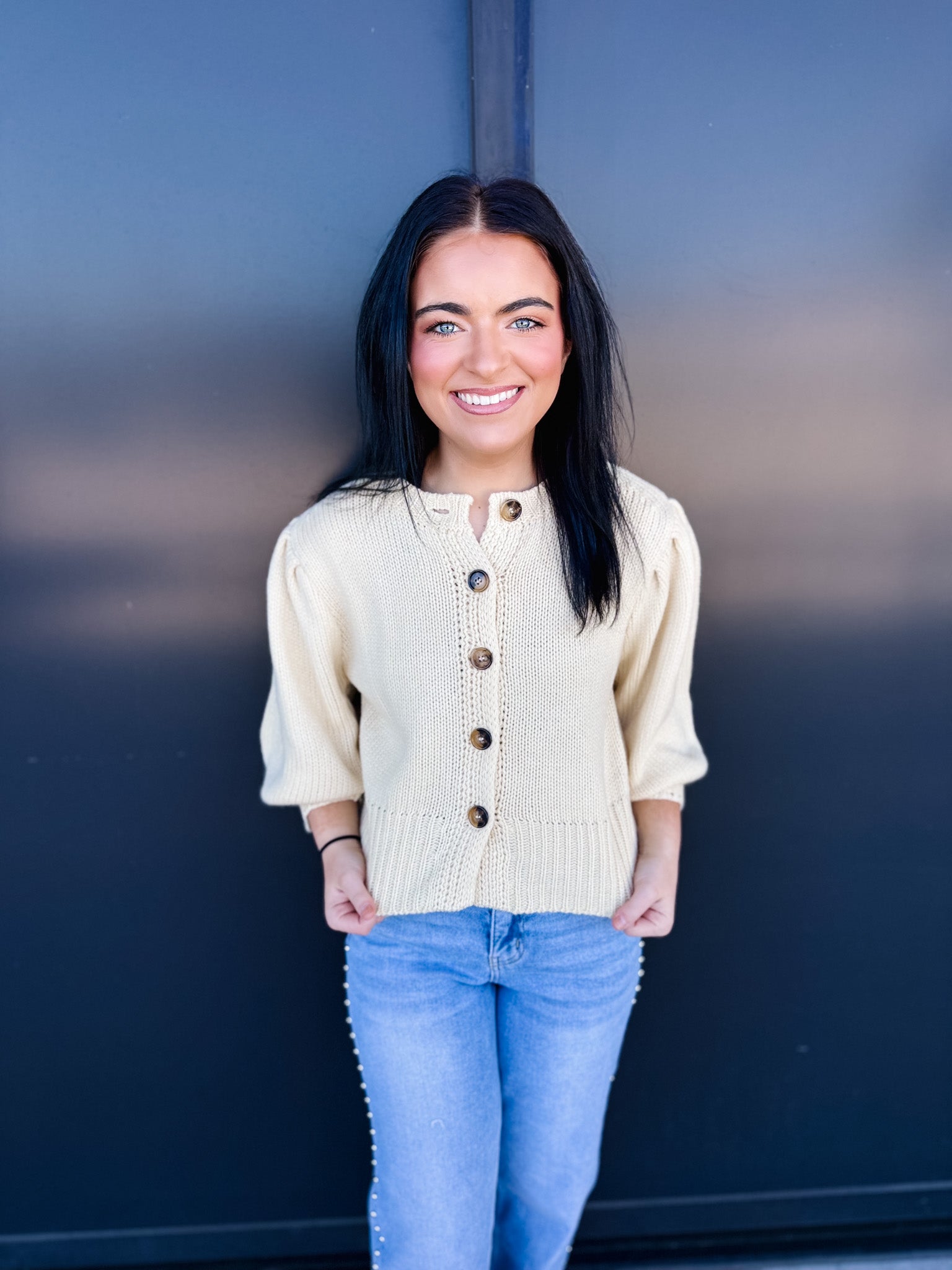 Short Puff Sleeve Button Down Sweater