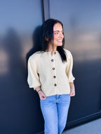 Short Puff Sleeve Button Down Sweater