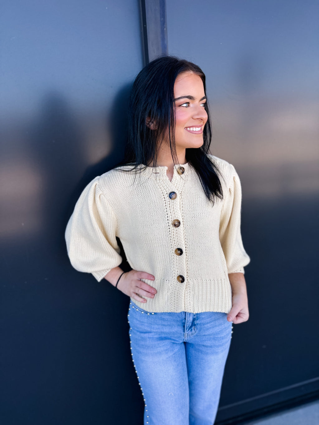 Short Puff Sleeve Button Down Sweater